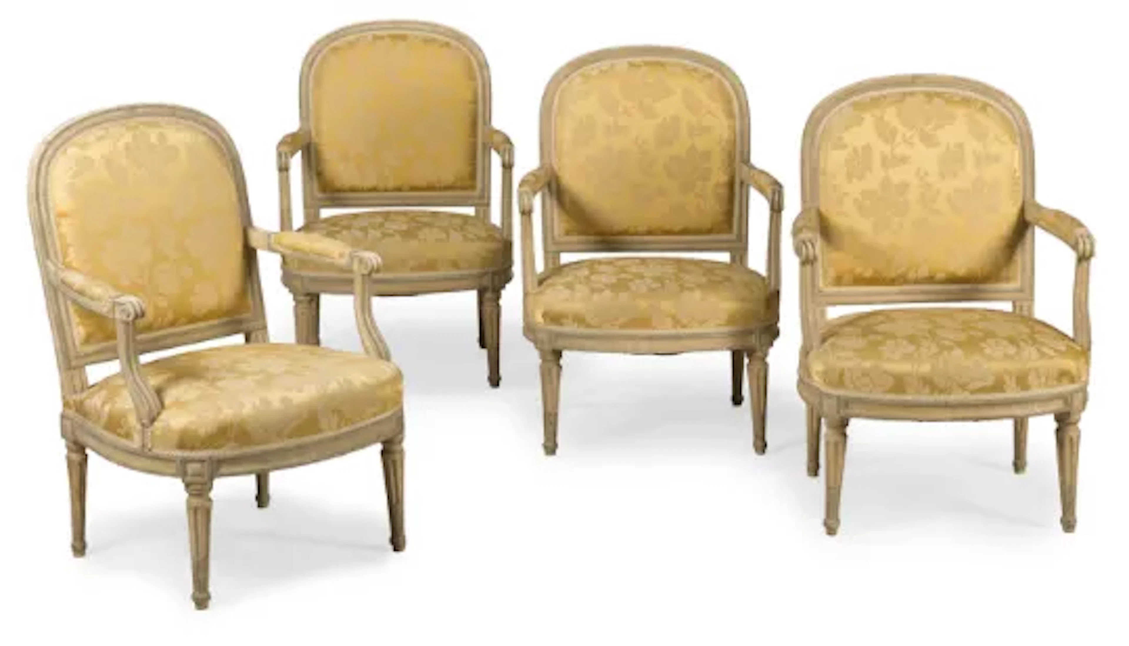 A SET OF FOUR LOUIS XVI BLUE AND WHITE PAINTED WALNUT FAUTEUILS, BY