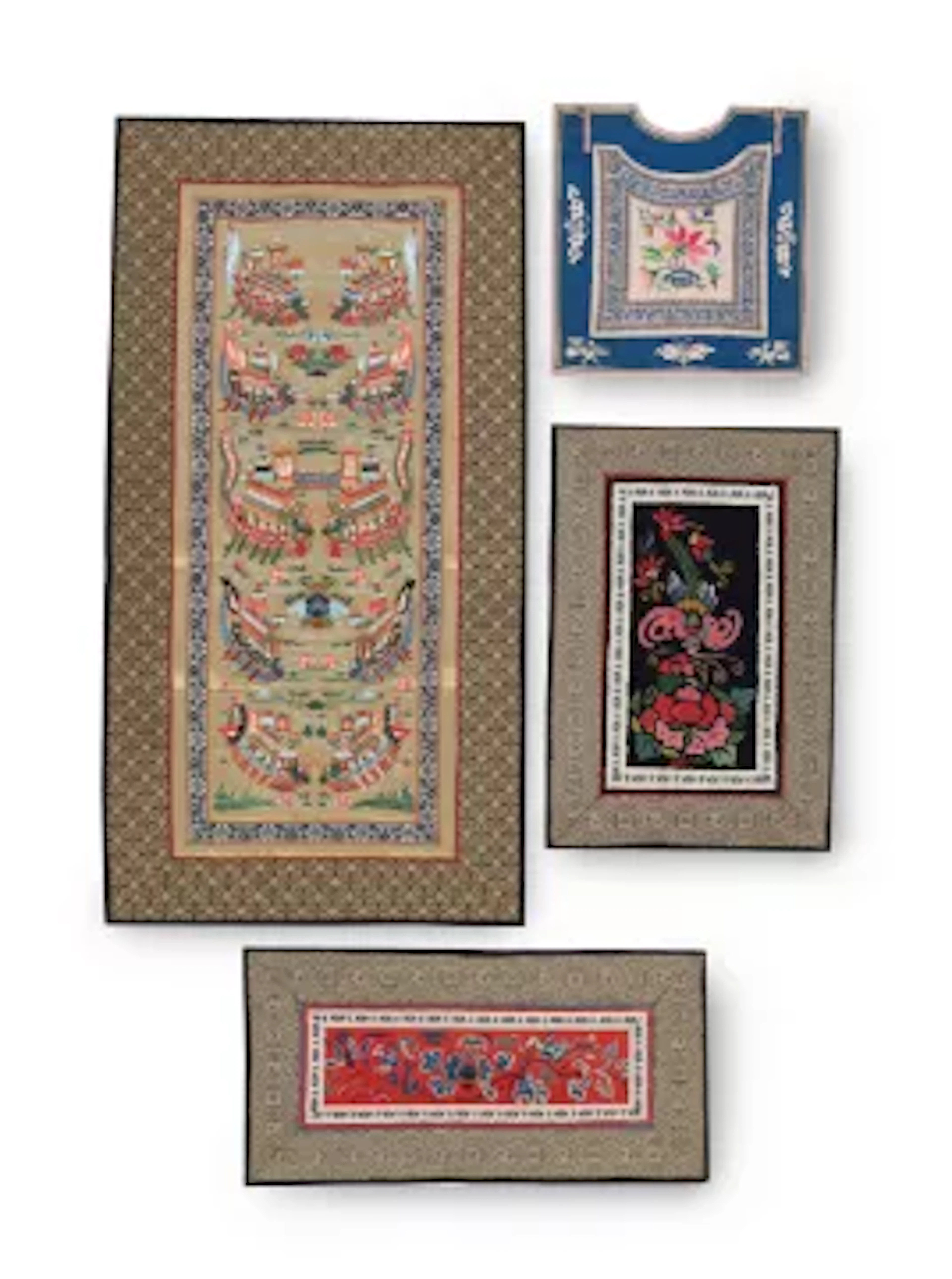 A group of four Chinese silk embroideries, Qing dynasty