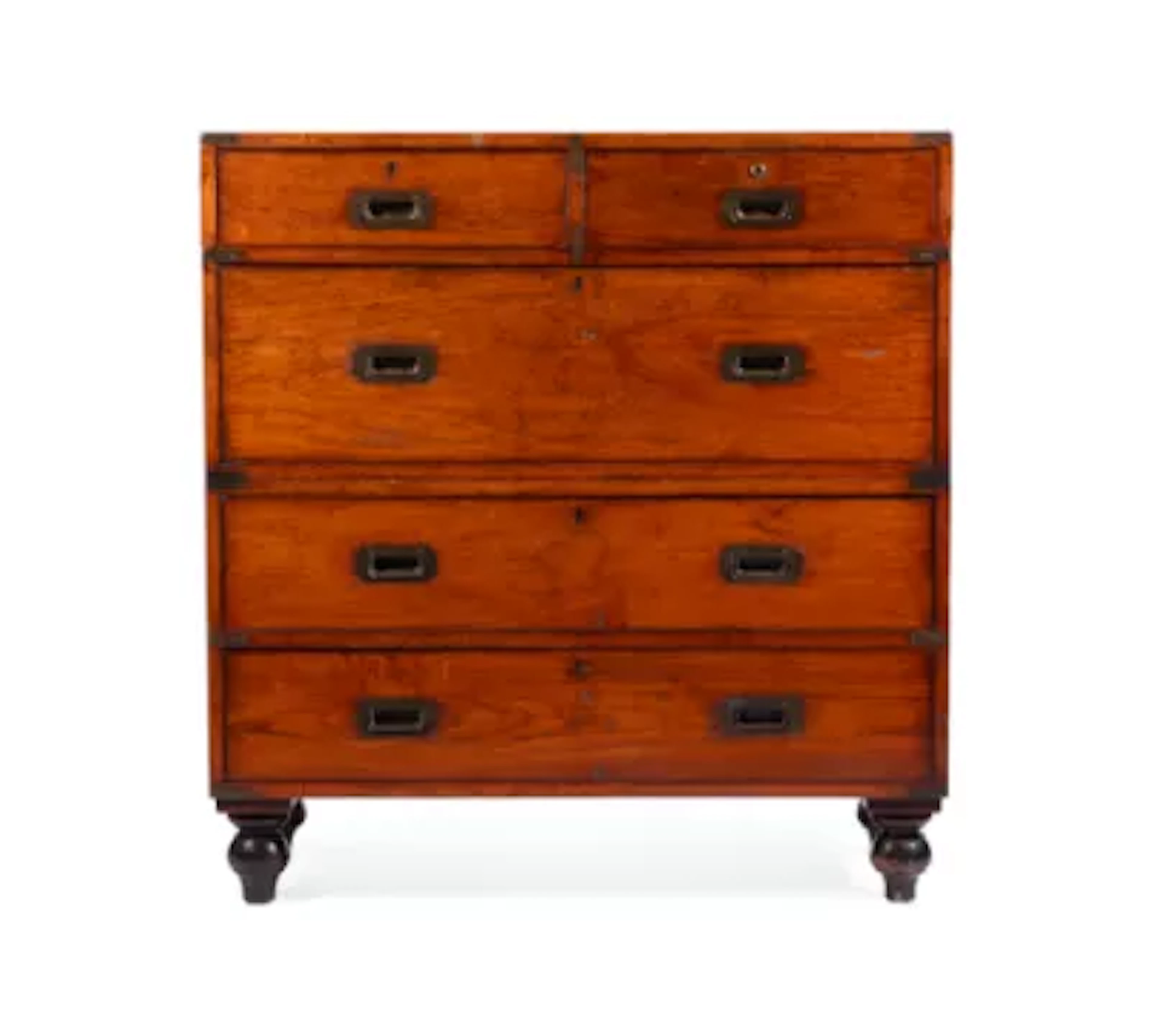 A TEAK AND EBONISED CAMPAIGN CHEST, 20TH CENTURY