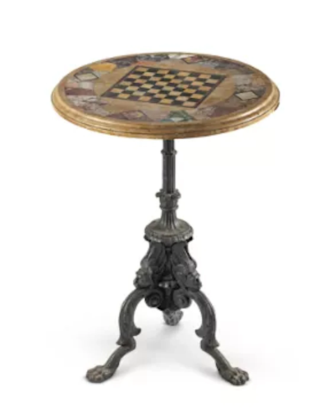 A CIRCULAR SPECIMEN MARBLE AND CAST IRON TABLE, 19TH CENTURY