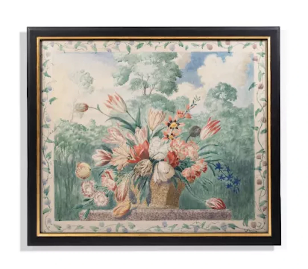 GEORGE OAKES (BRITISH 1927-2017), A STILL LIFE OF FLOWERS IN A LANDSCAPE