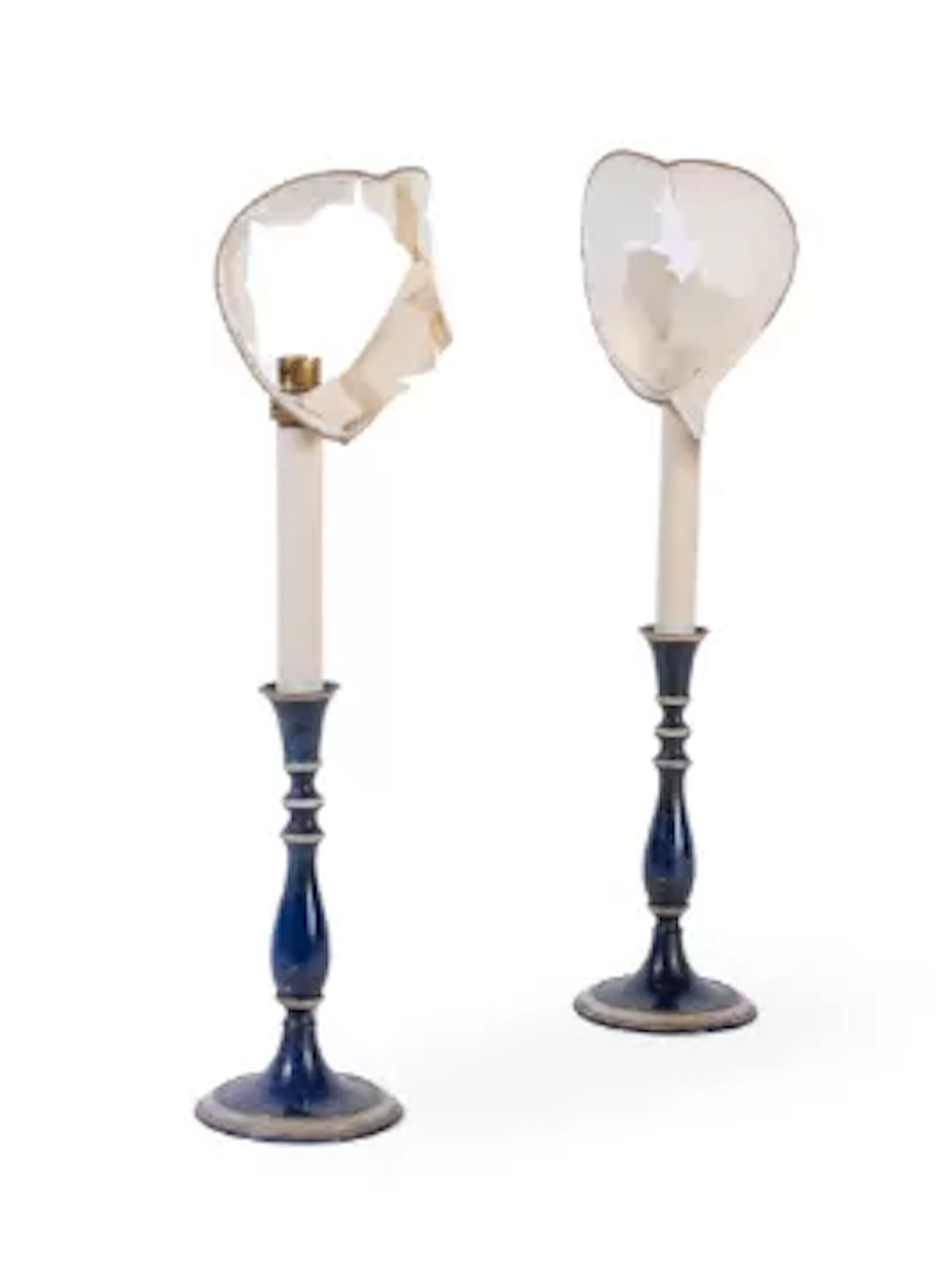 A PAIR OF BLUE PAINTED TOLE CANDLESTICK TABLE LAMPS, PROBABLY FRENCH