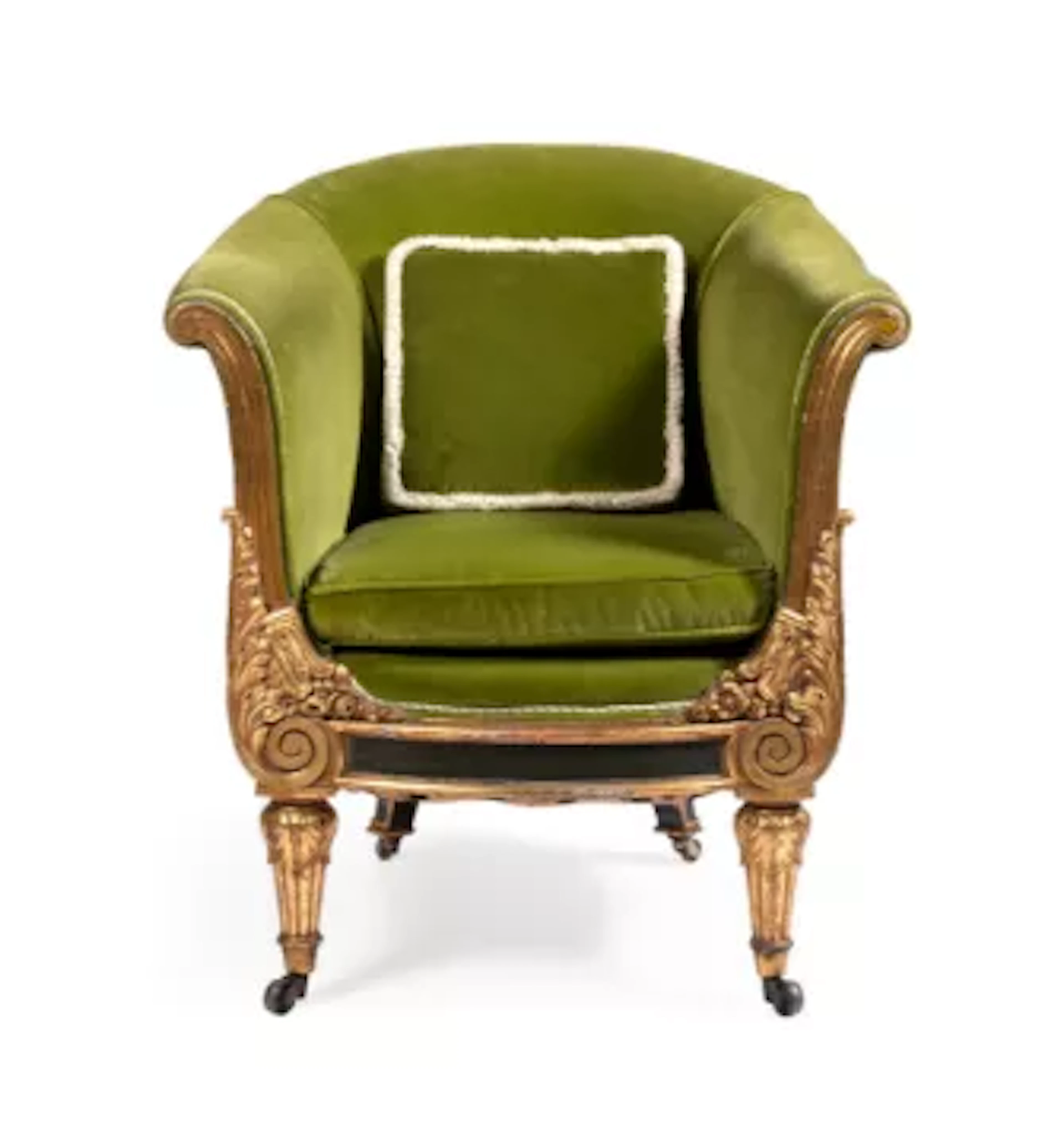 A GEORGE IV PAINTED AND PARCEL GILT TUB ARMCHAIR, EARLY 19TH CENTURY