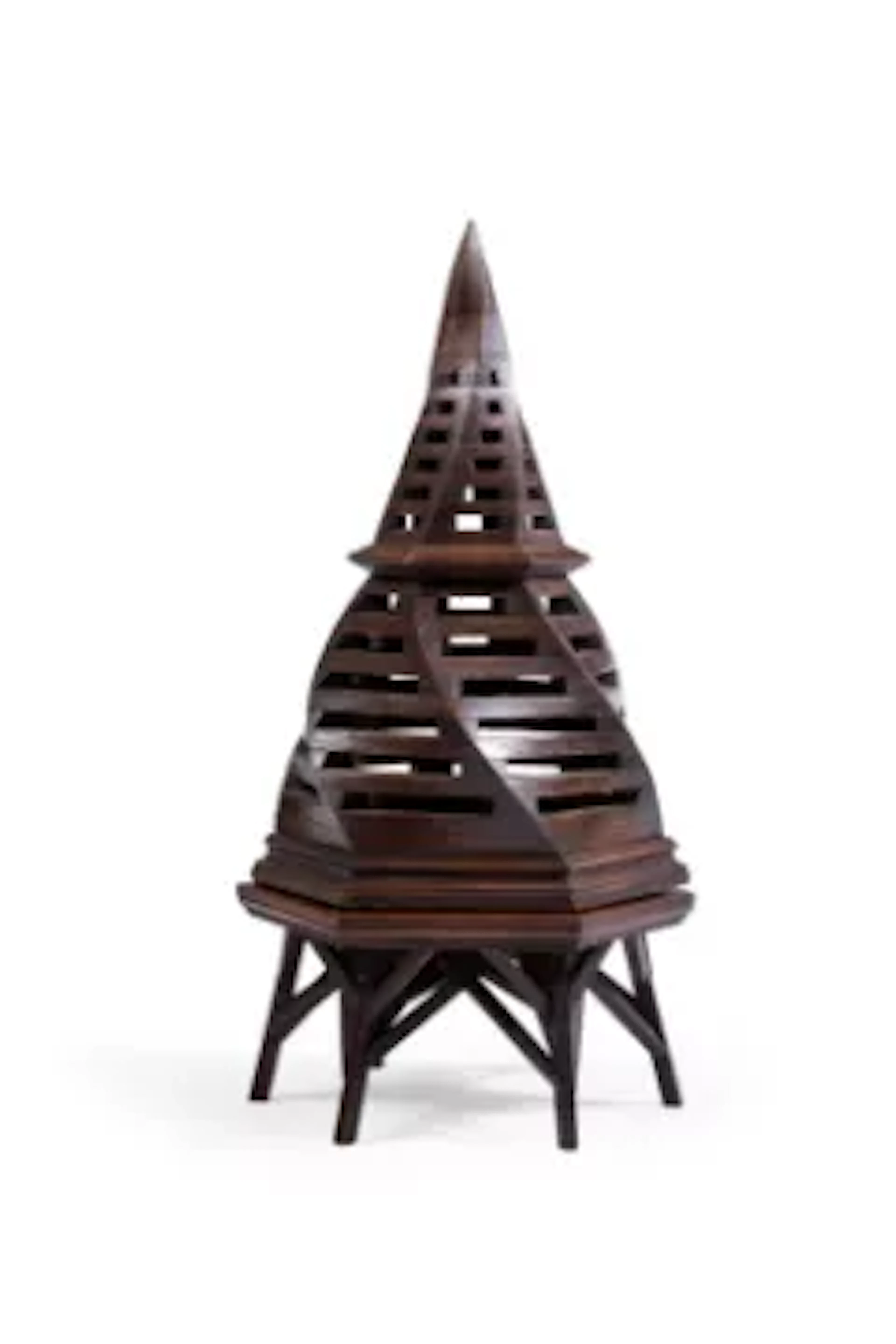 A WALNUT CARPENTER'S MODEL OF A TWISTED SPIRE AND TRESTLE, HENRI GAUBERT