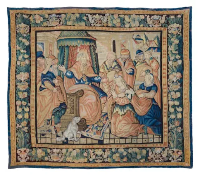 A FLEMISH BIBLICAL TAPESTRY DEPICTING ESTHER BEFORE KING AHASUERUS