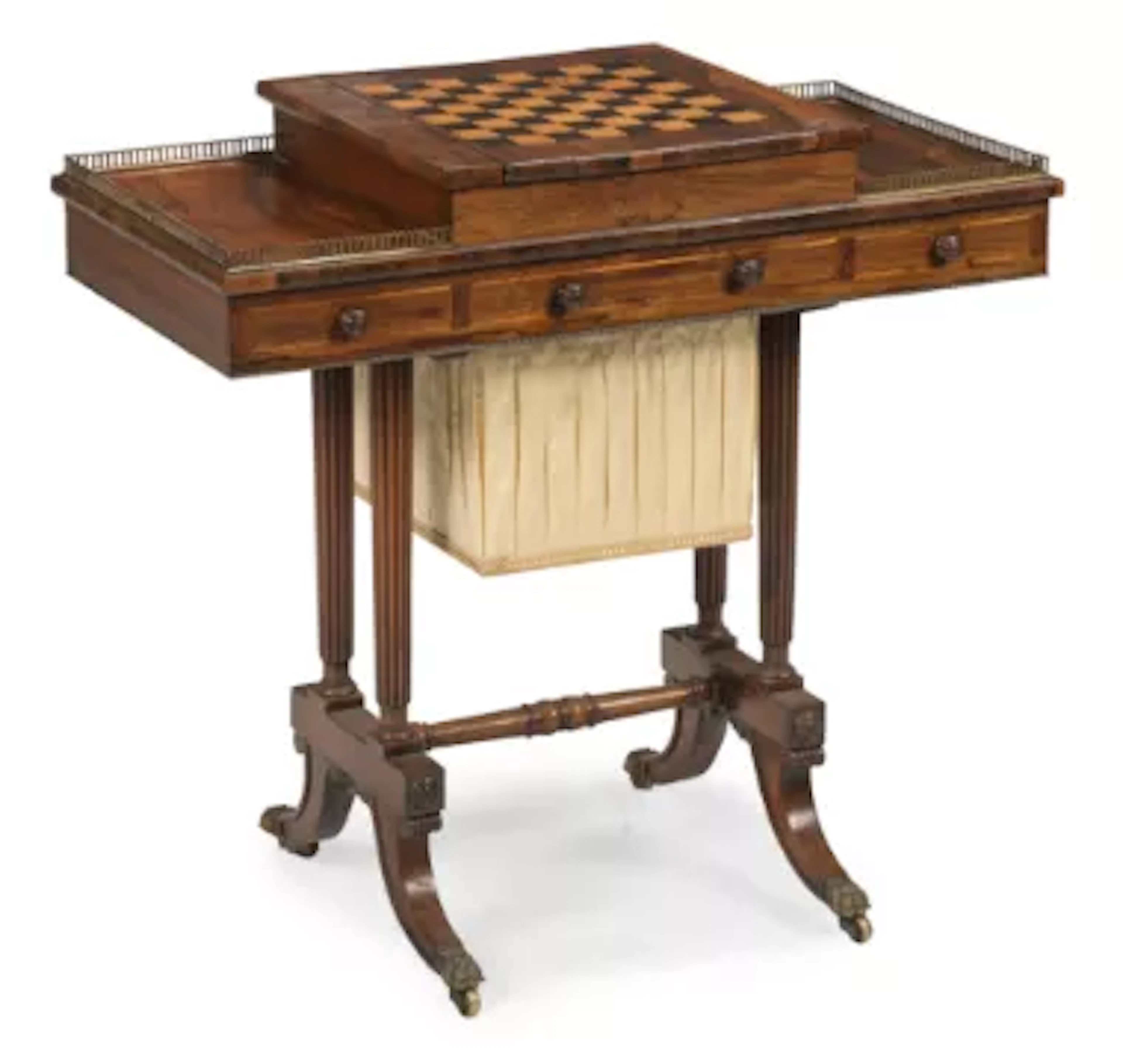 Y A REGENCY ROSEWOOD AND BRASS MOUNTED GAMES TABLE, CIRCA 1820