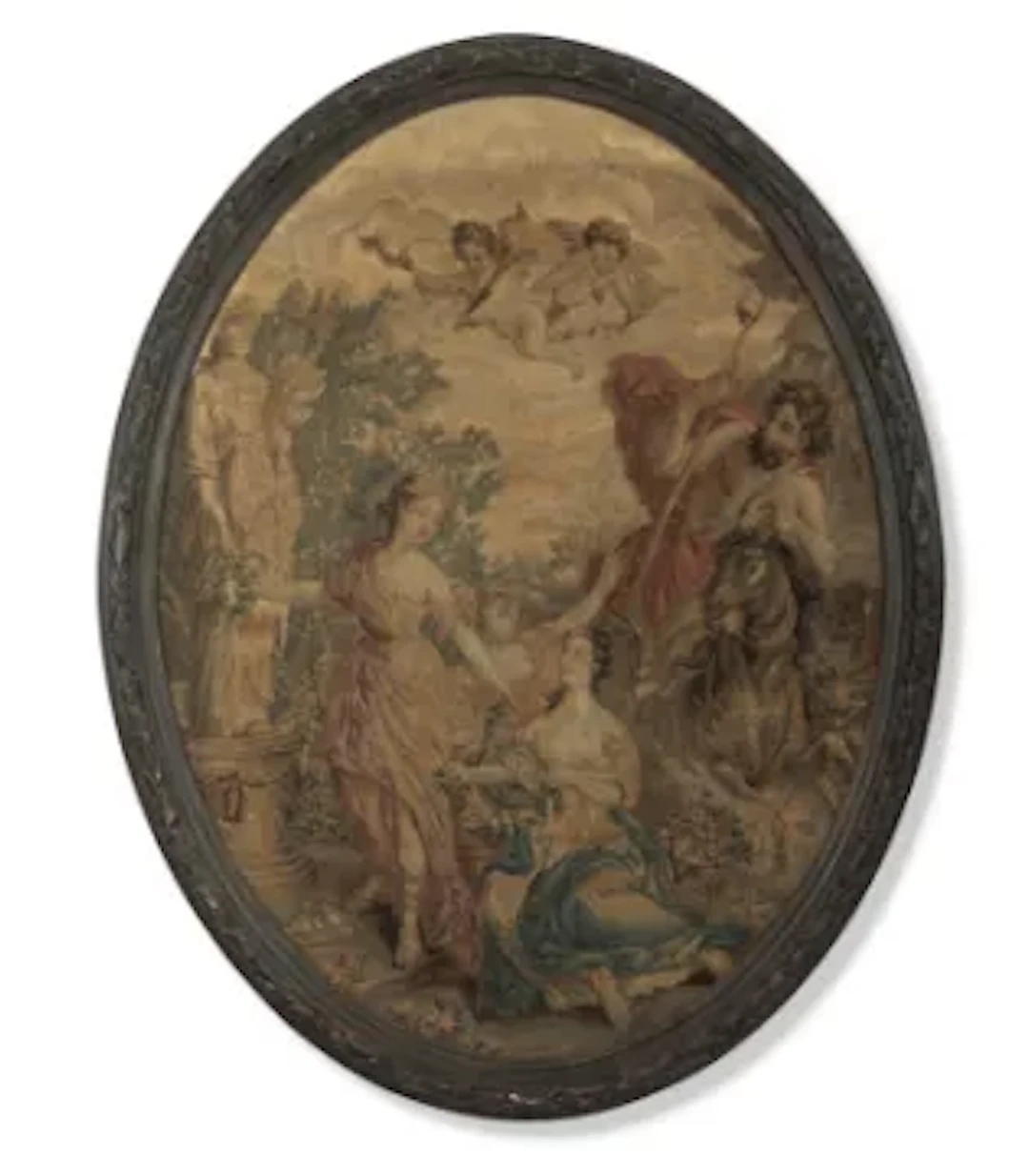 AN OVAL MYTHOLOGICAL TAPESTRY PANEL, AFTER THE DESIGN BY JOSEPH-MARIE
