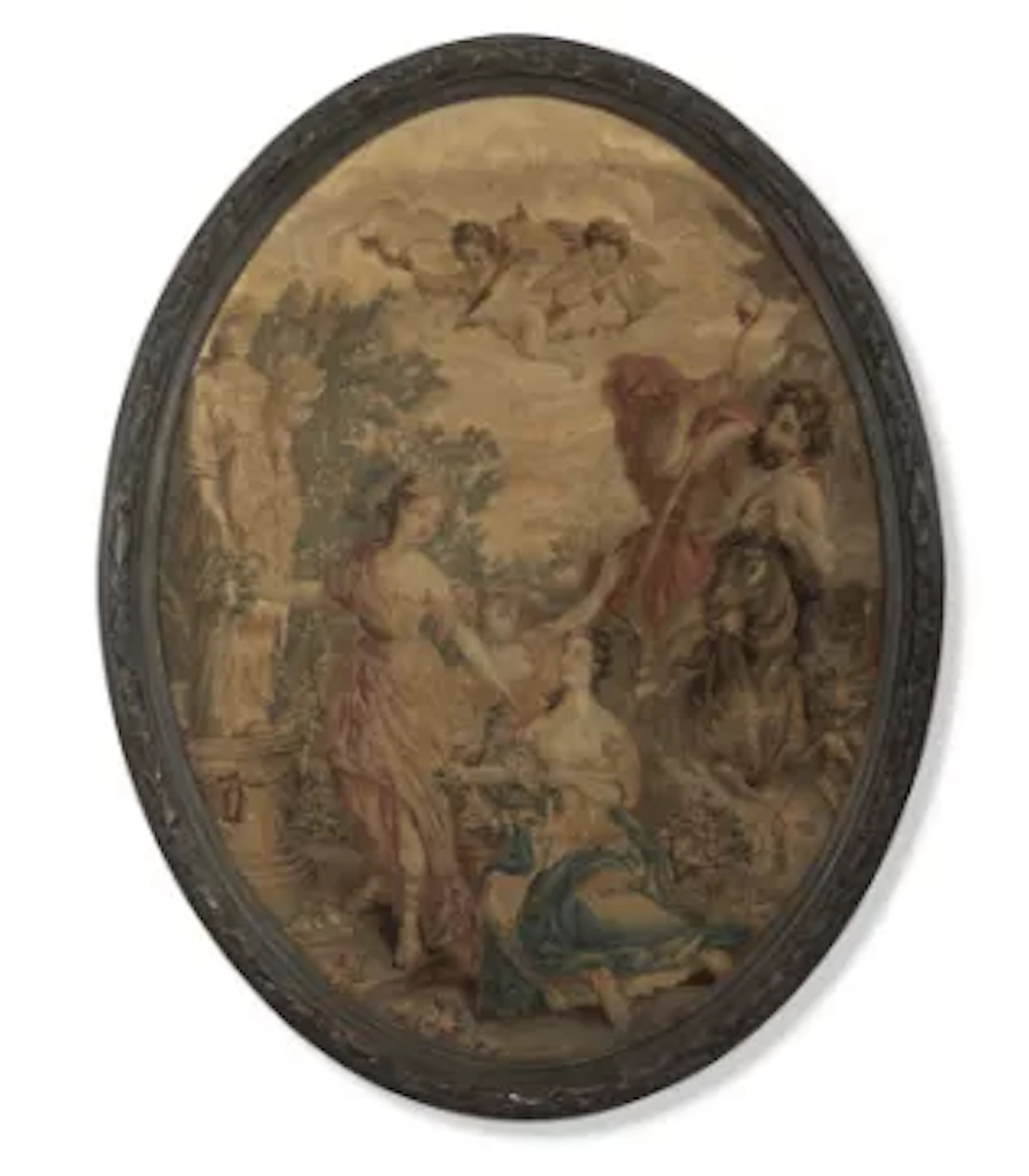 AN OVAL MYTHOLOGICAL TAPESTRY PANEL, AFTER THE DESIGN BY JOSEPH-MARIE