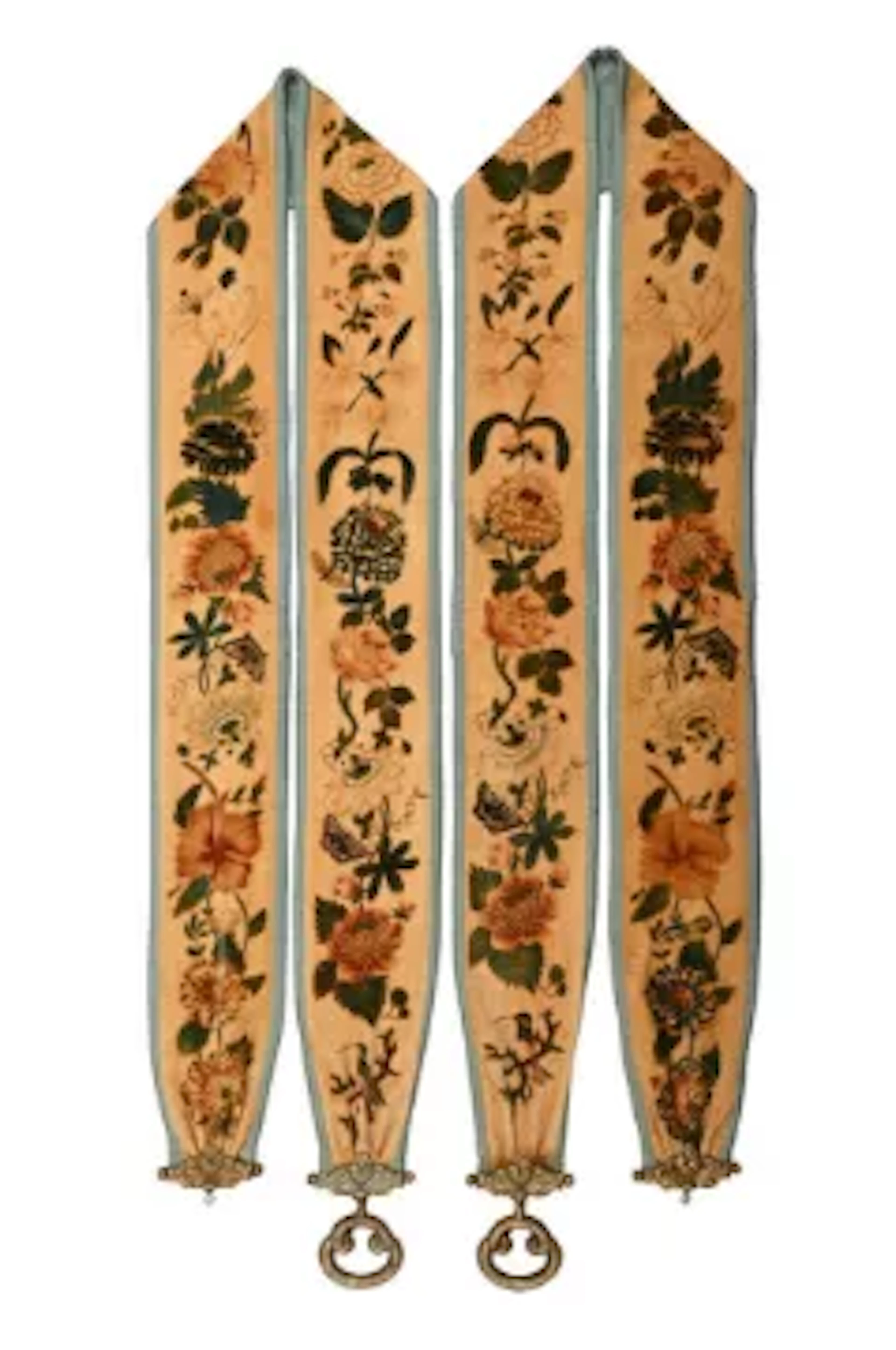 A PAIR OF VICTORIAN SILK AND VELVET HAND PAINTED BELL PULLS, LAST