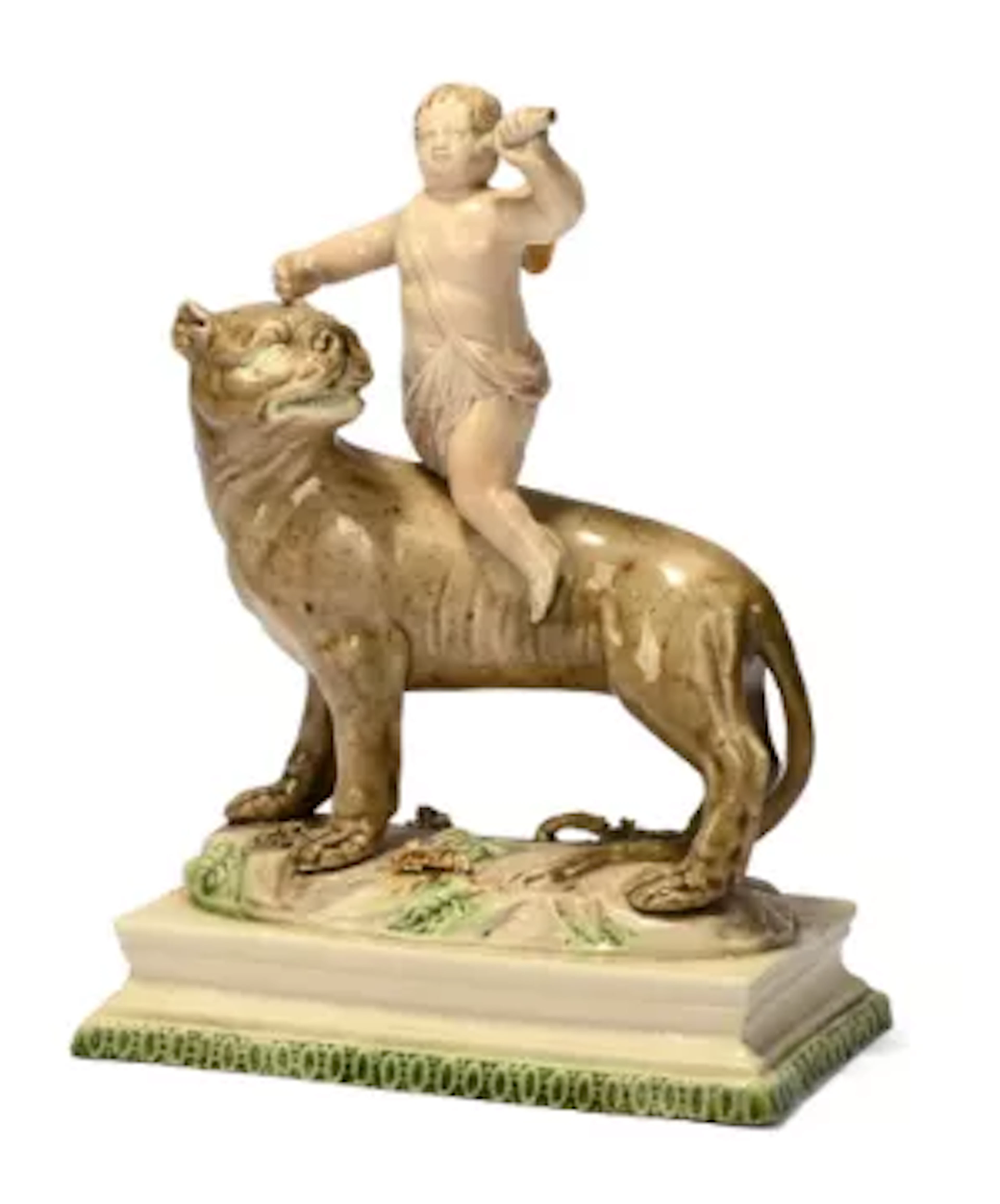 A RALPH WOOD PEARLWARE MODEL OF CUPID ON A PANTHER, CIRCA 1785