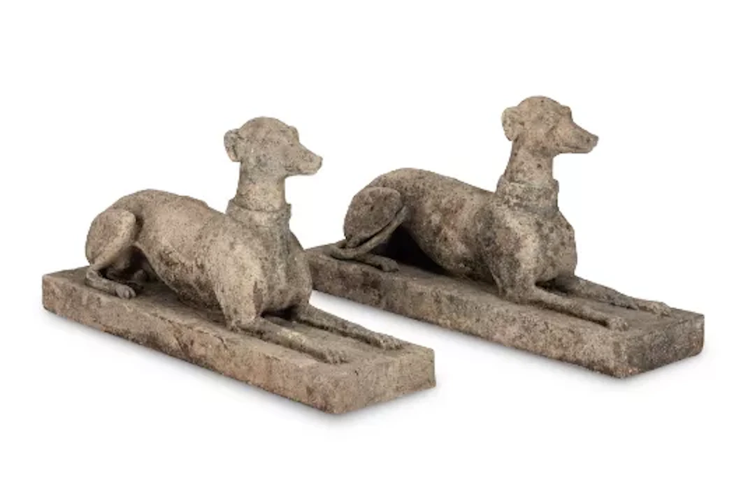 AUSTIN AND SEELY, A PAIR OF COMPOSITION STONE WHIPPETS, LATE 19TH CENTURY