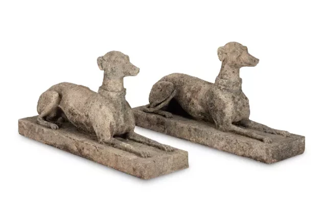 AUSTIN AND SEELY, A PAIR OF COMPOSITION STONE WHIPPETS, LATE 19TH CENTURY