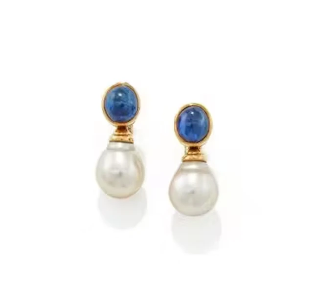 A PAIR OF SAPPHIRE AND CULTURED PEARL EARRINGS