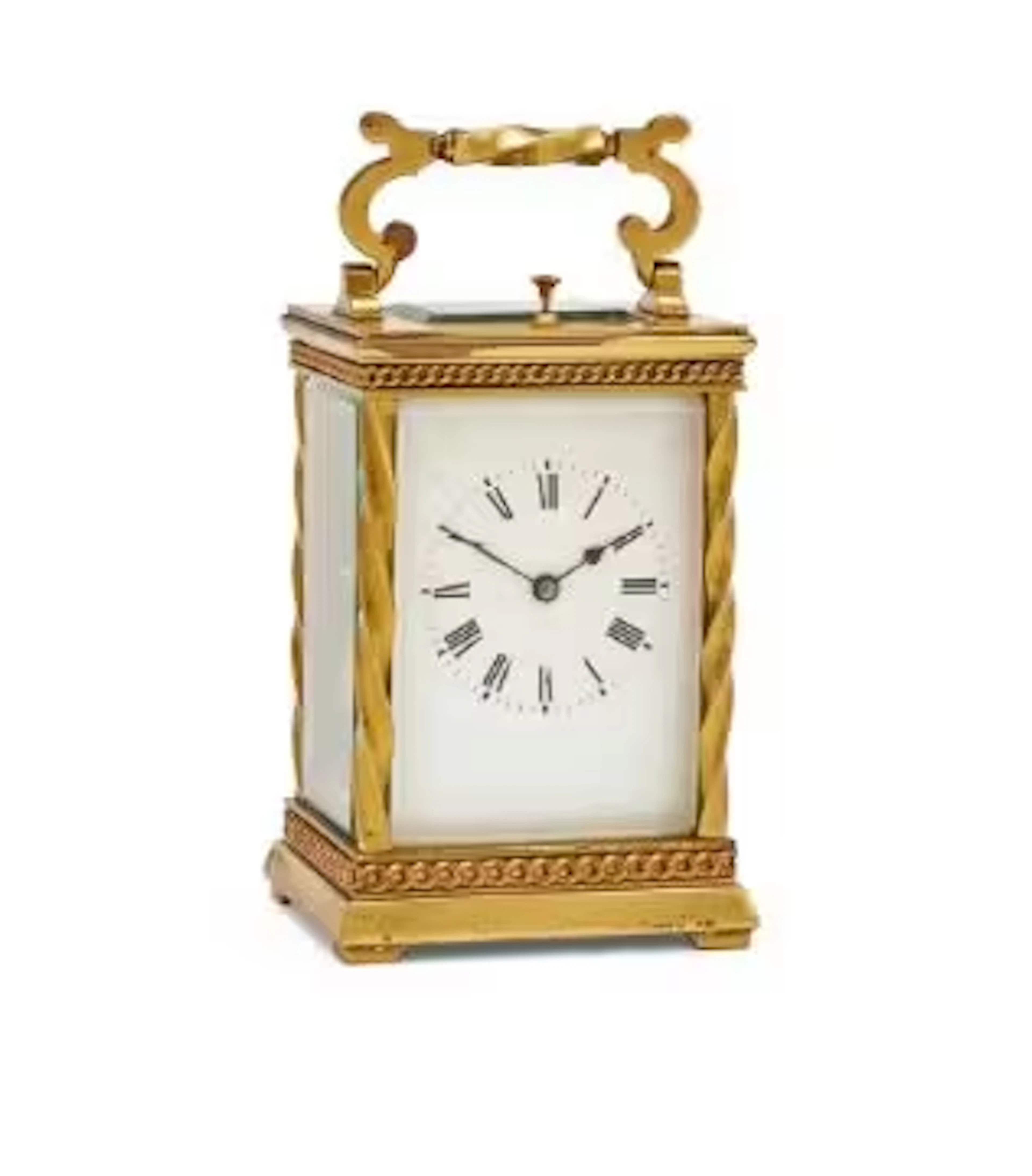 A FRENCH BRASS CARRIAGE CLOCK WITH PUSH-BUTTON REPEAT