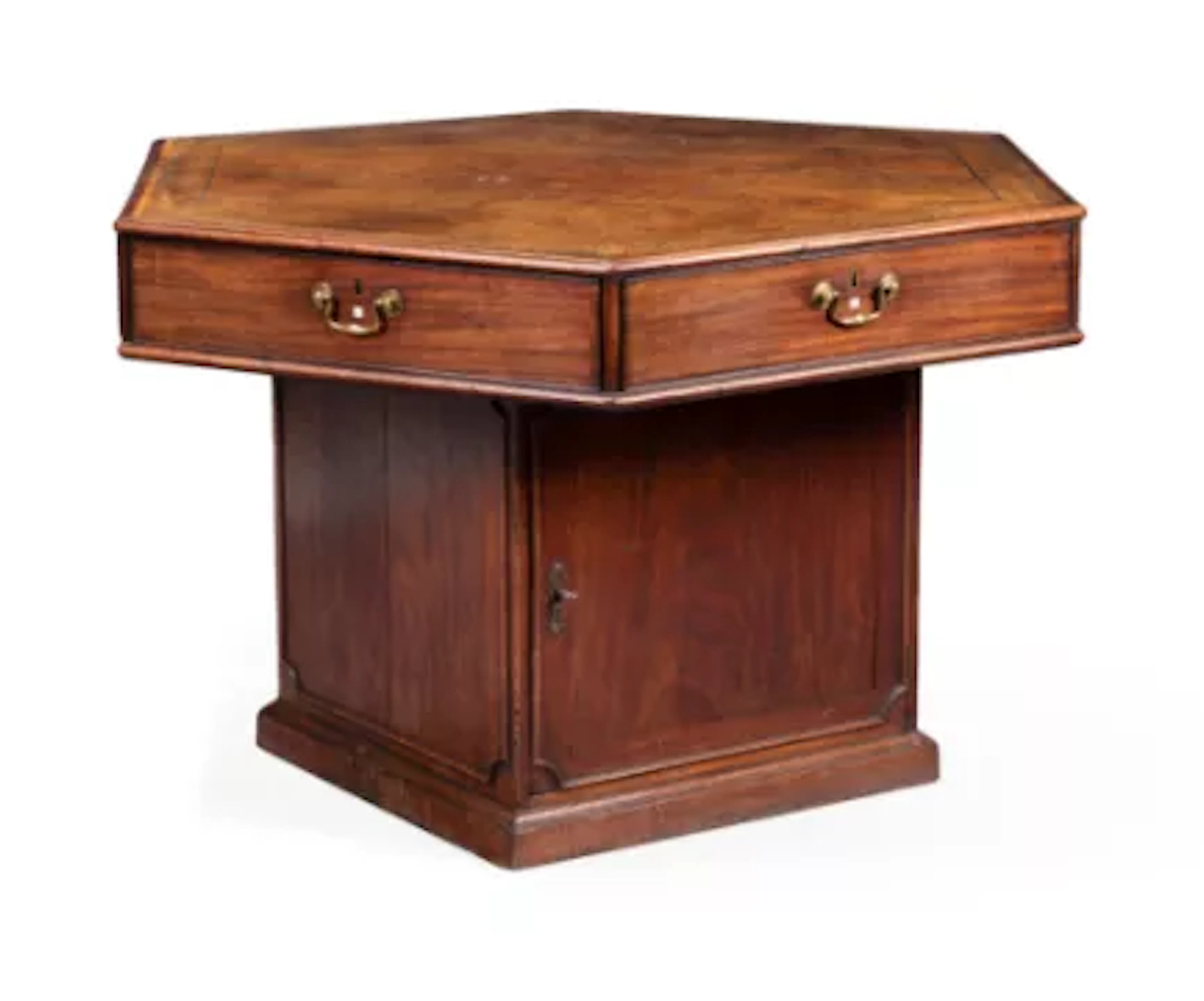 Y A GEORGE III MAHOGANY HEXAGONAL 'RENT' TABLE, IN THE MANNER OF GILLOWS