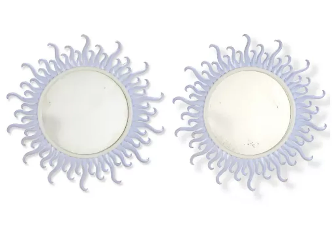Ω A PAIR OF WHITE AND LILAC PAINTED SUNBURST MIRRORS, BY ANDREW ALLFREE