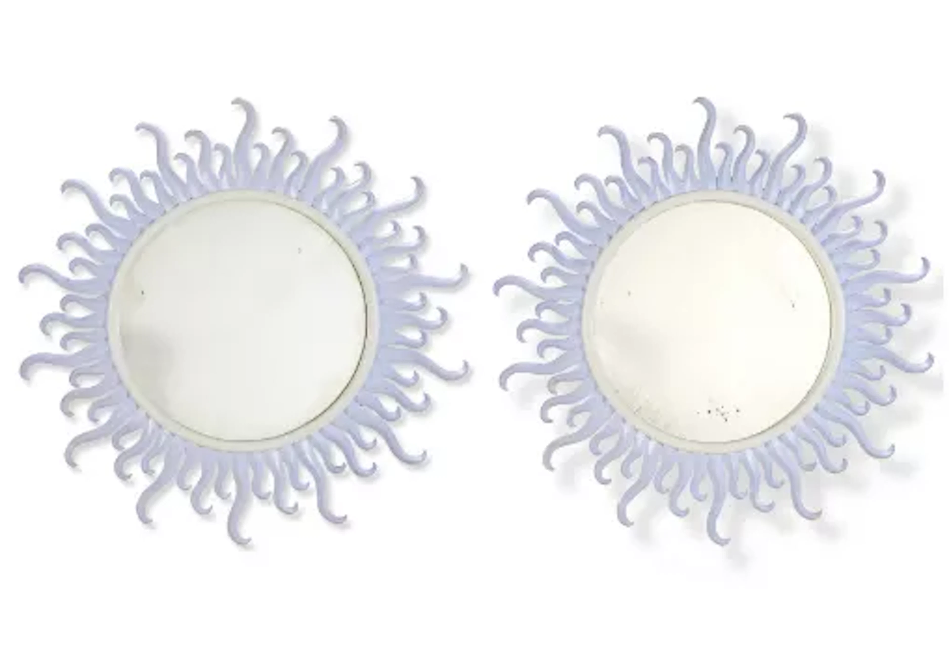 Ω A PAIR OF WHITE AND LILAC PAINTED SUNBURST MIRRORS, BY ANDREW ALLFREE