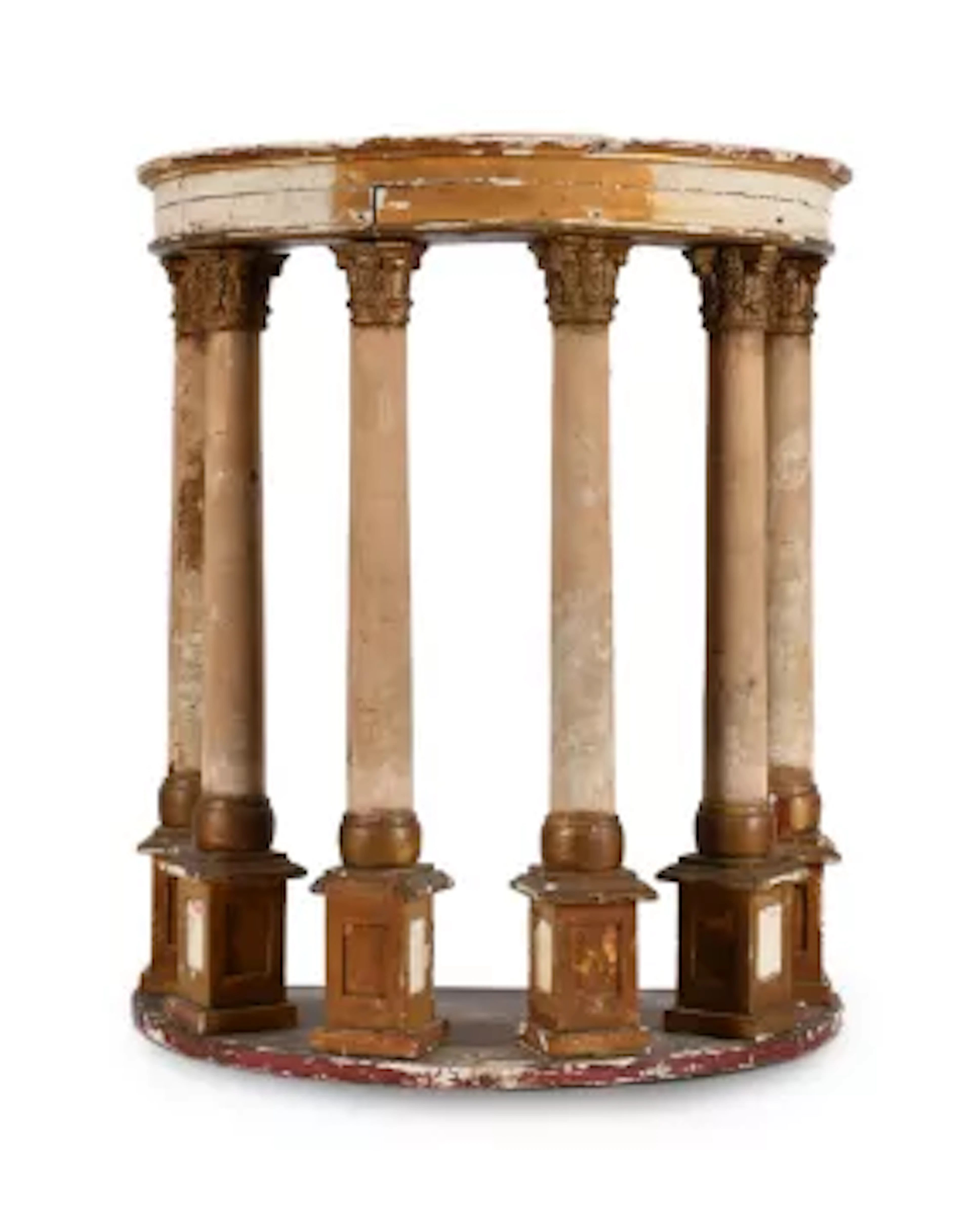 AN UNUSUAL LARGE GRAND TOUR CARVED AND PAINTED WOOD DEMI ROTUNDA ARCHITECTURAL