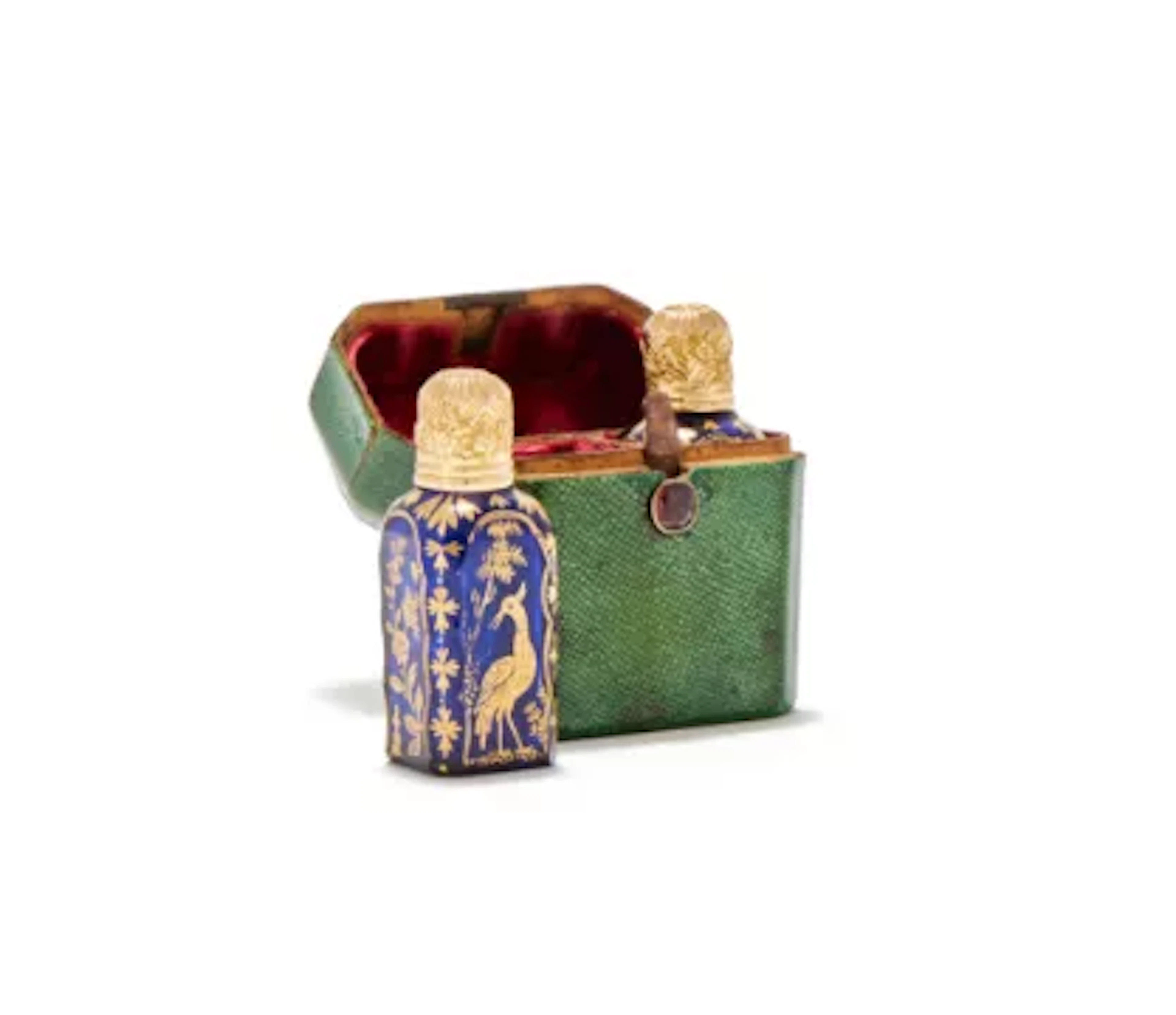 A PAIR OF GEORGE III INLAID BLUE GLASS SCENT BOTTLES WITH GOLD COVERS