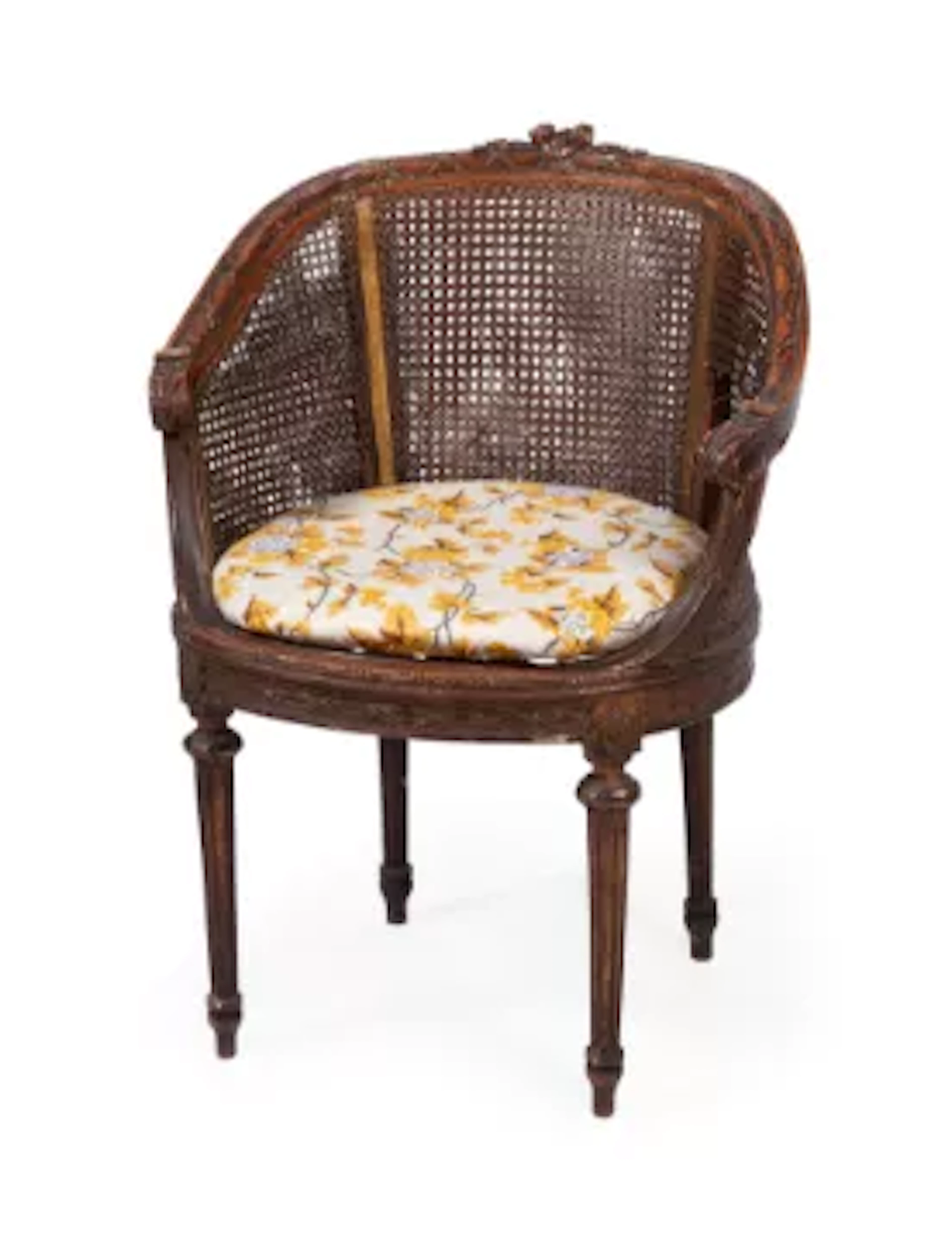 A BEECH SMALL CANED BERGERE IN LOUIS XVI STYLE, EARLY 20TH CENTURY