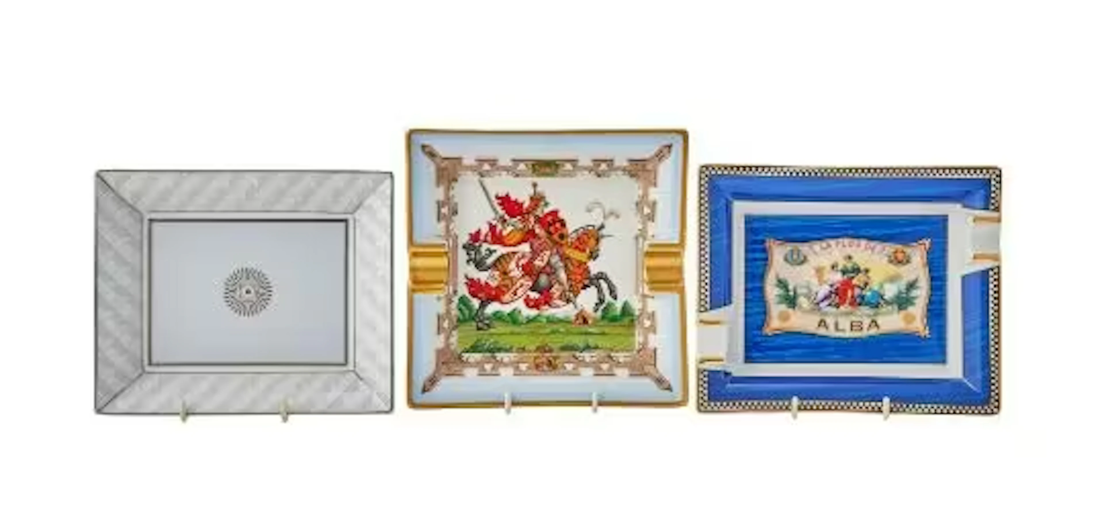 TWO VARIOUS FRENCH PORCELAIN CENDRIERS, MODERN, TOGETHER WITH A VIDE POCHE