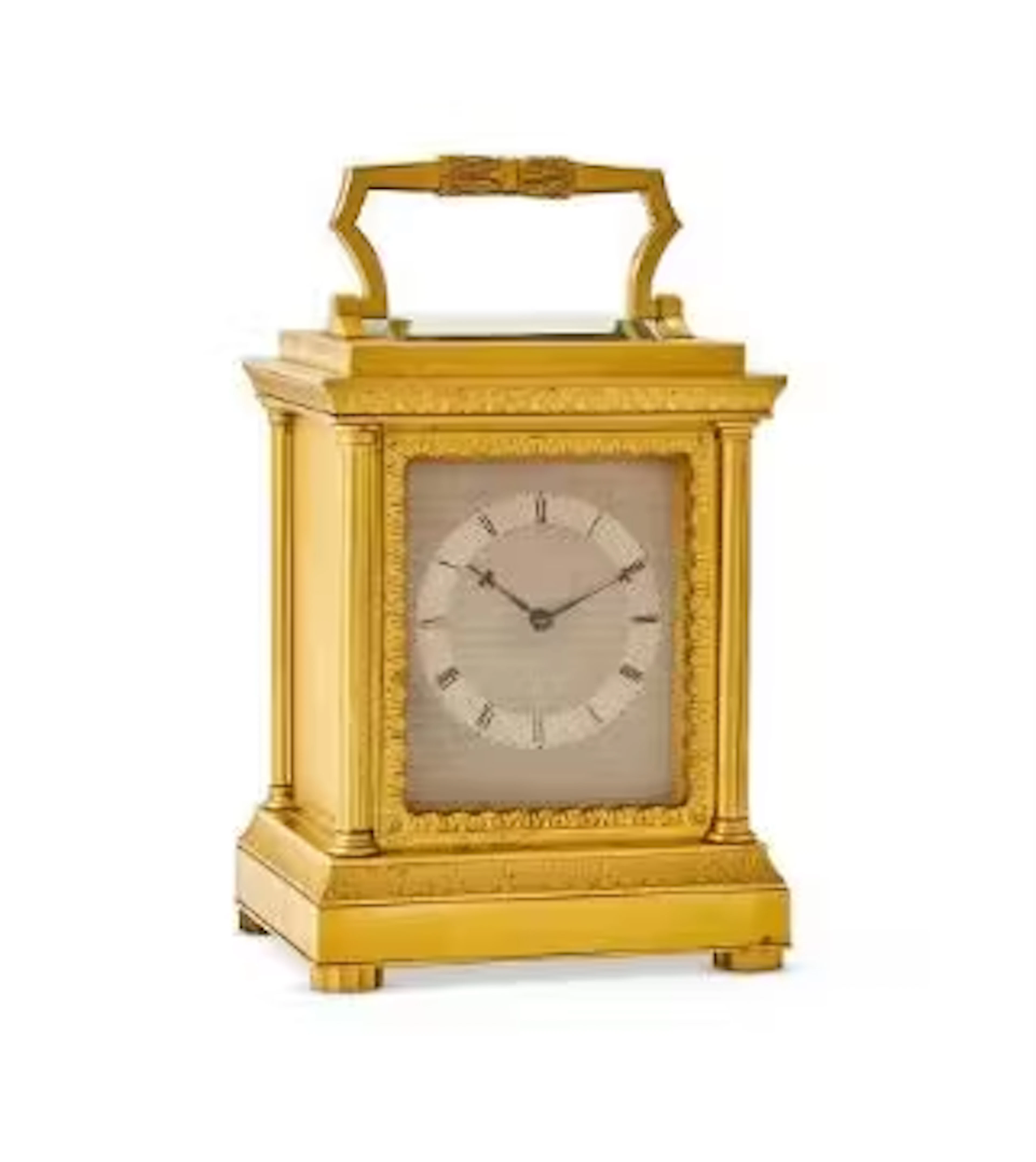 A FINE AND RARE VICTORIAN ENGINE-TURNED GILT BRASS QUARTER-CHIMING