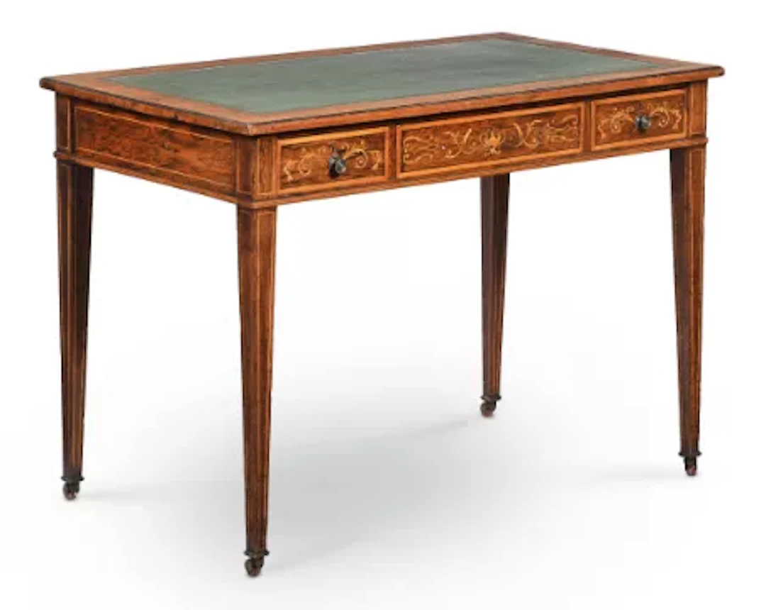 Y A LATE VICTORIAN ROSEWOOD, SATINWOOD AND EBONY-LINED WRITING TABLE