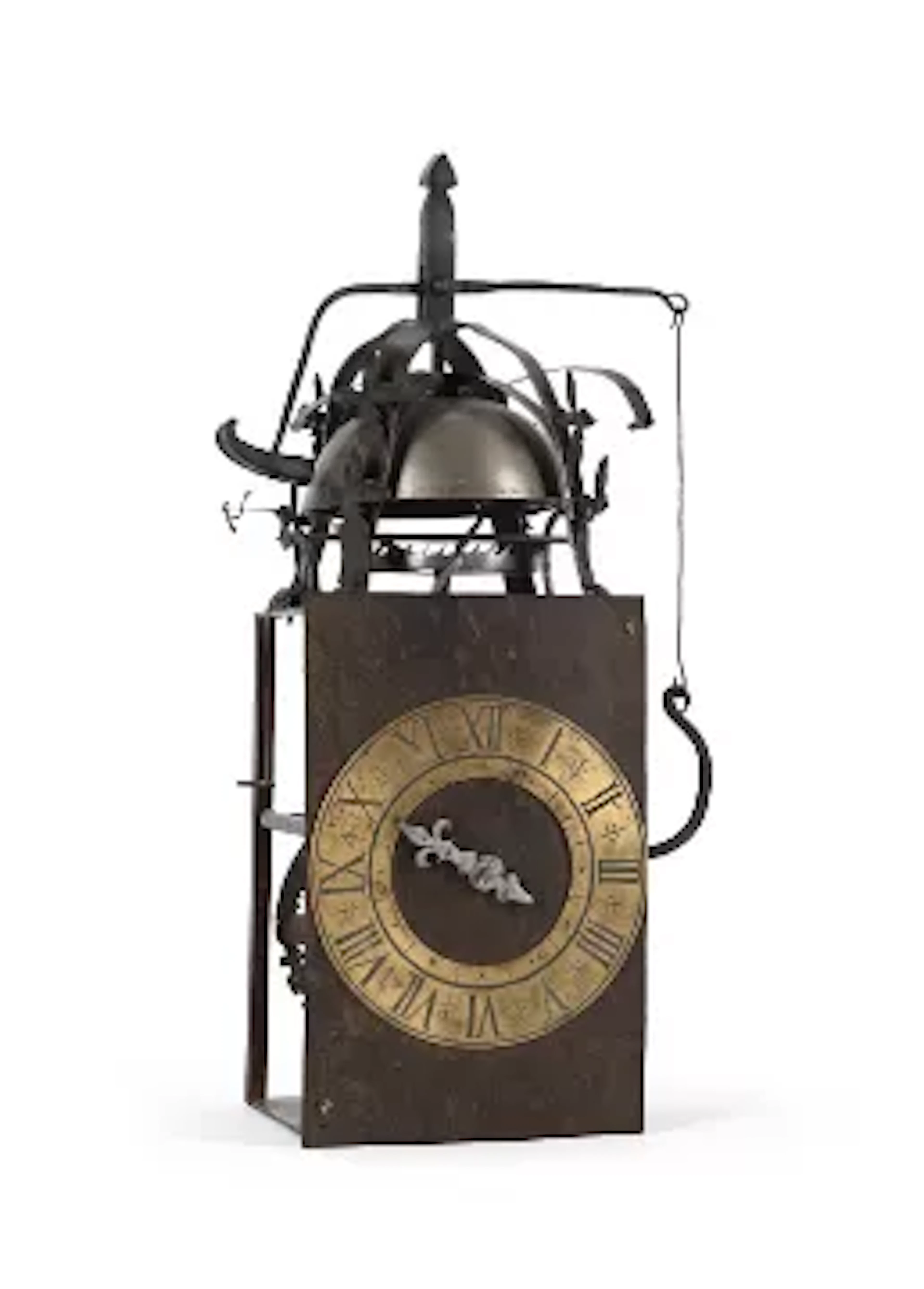 A RARE FRENCH LOUIS XIV FORGED IRON WEIGHT-DRIVEN CHAMBER CLOCK WITH