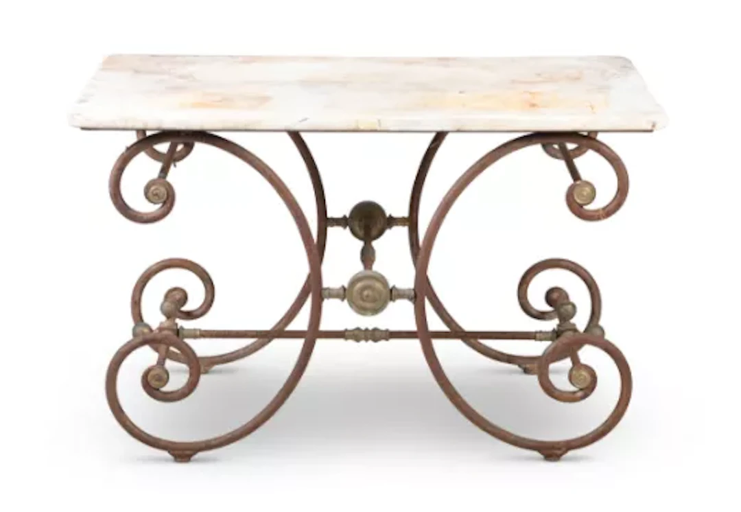 A MARBLE AND DRAWN IRON PATISSERIE TABLE, FRENCH, LAST QUARTER 19TH CENTURY