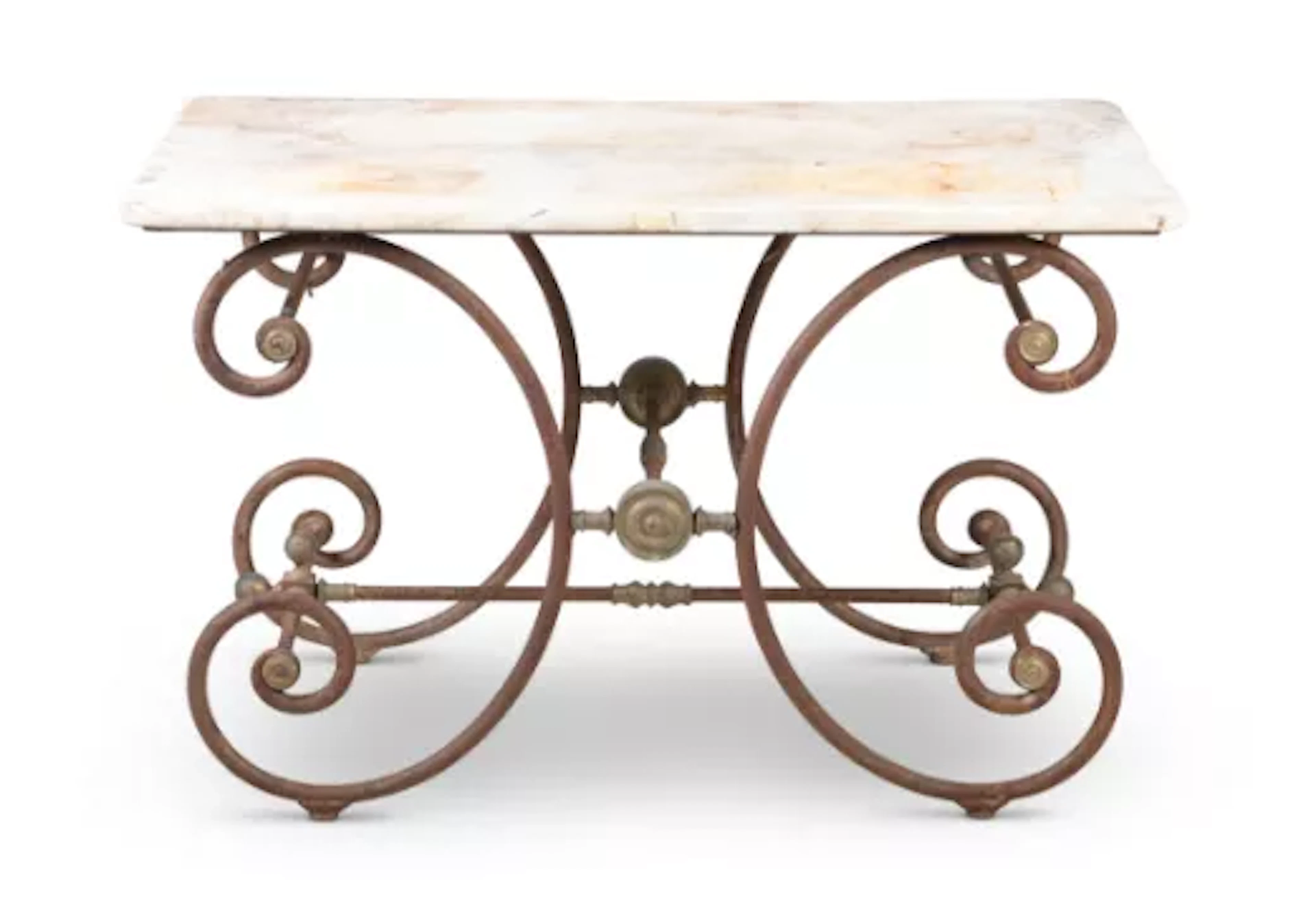 A MARBLE AND DRAWN IRON PATISSERIE TABLE, FRENCH, LAST QUARTER 19TH CENTURY