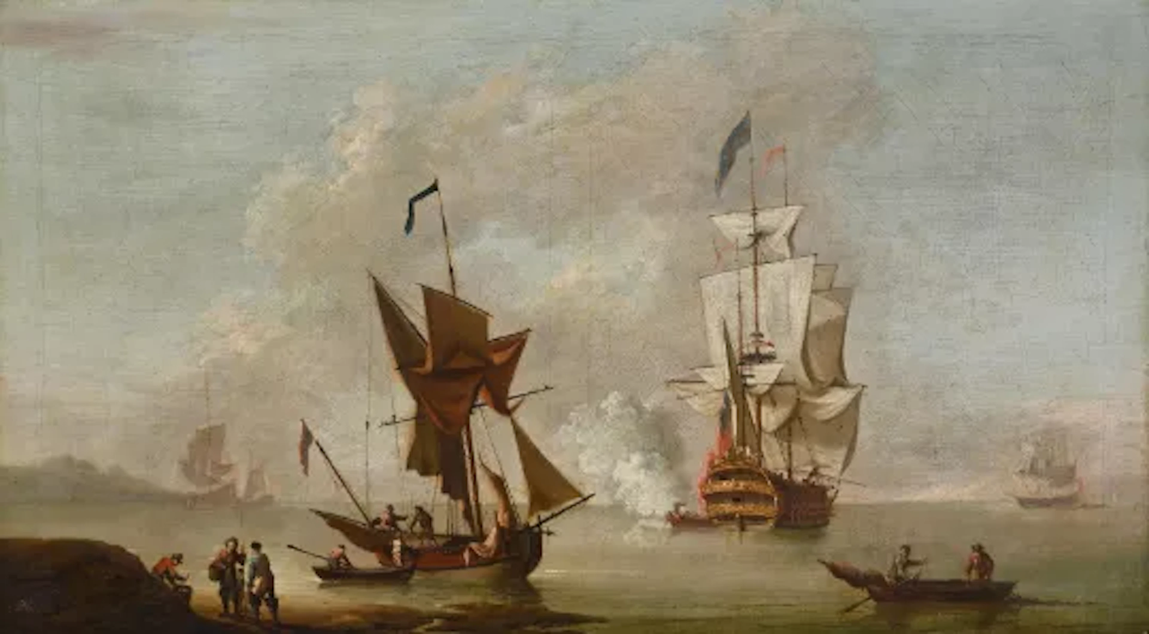 FOLLOWER OF PETER MONAMY, 'THE EVENING GUN', A MAN-O-WAR BECALMED