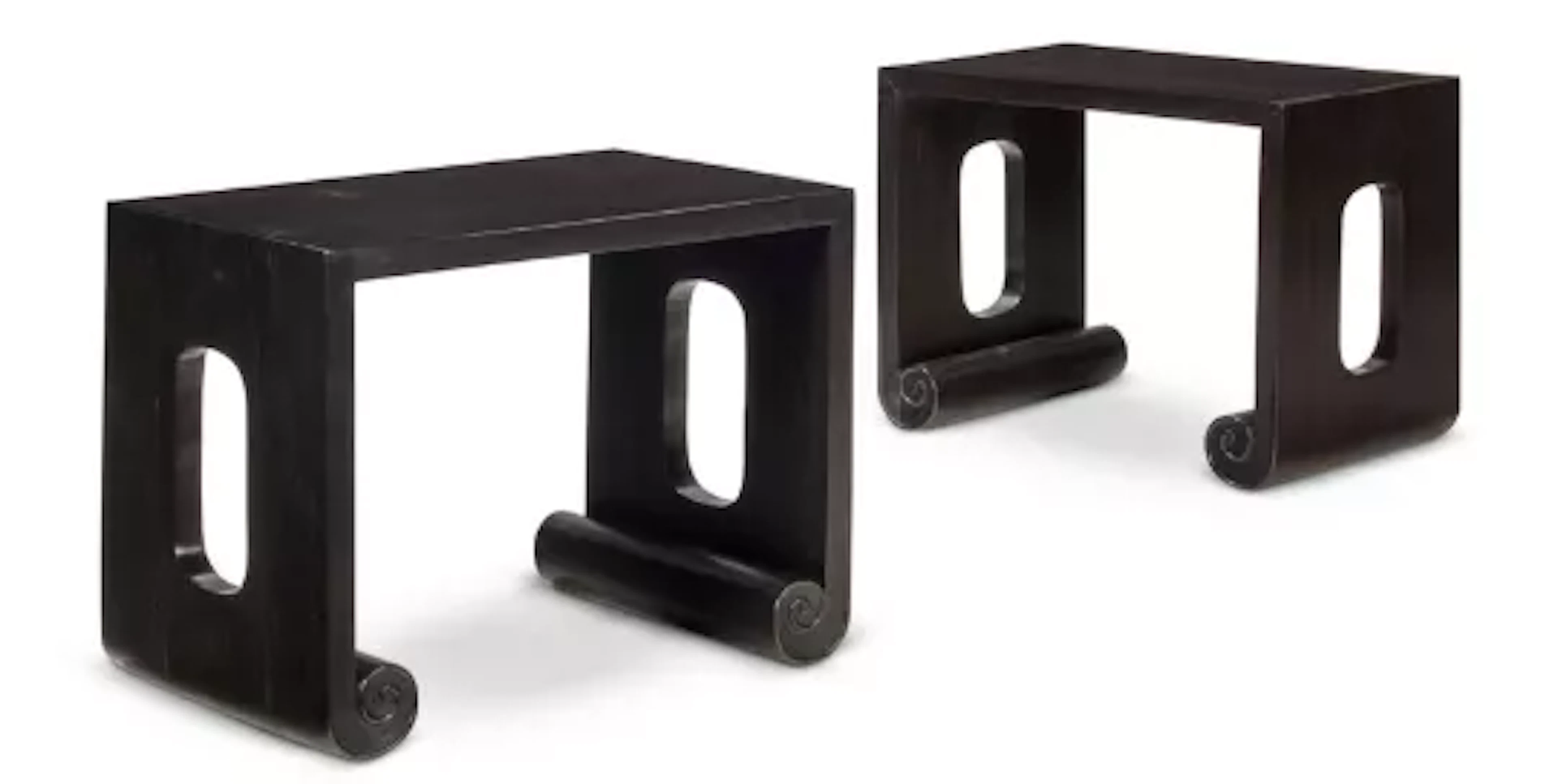 Y A PAIR OF SOLID MACASSAR EBONY STOOLS, INDIAN IN THE CHINESE MANNER, MODERN
