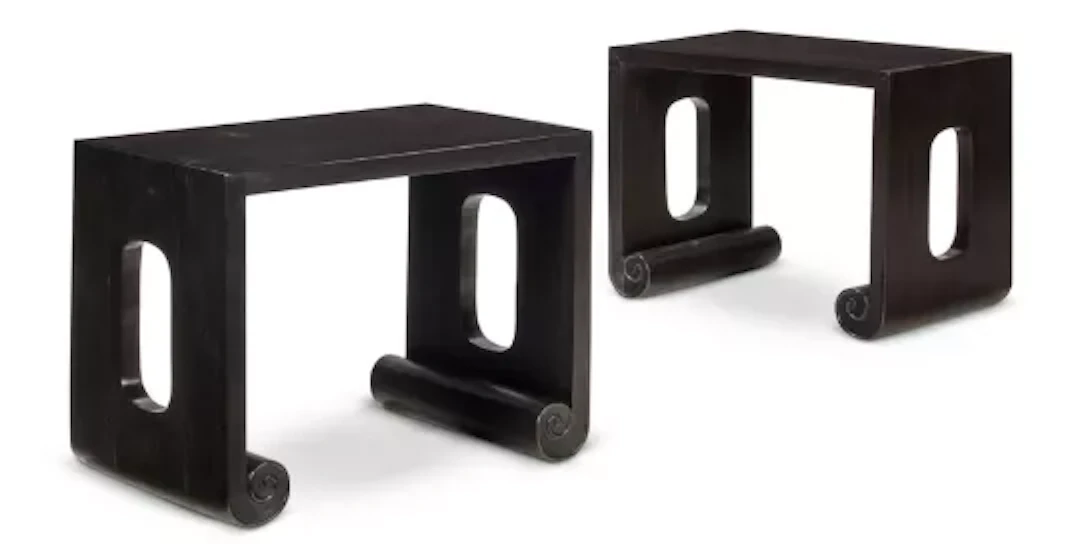 Y A PAIR OF SOLID MACASSAR EBONY STOOLS, INDIAN IN THE CHINESE MANNER, MODERN