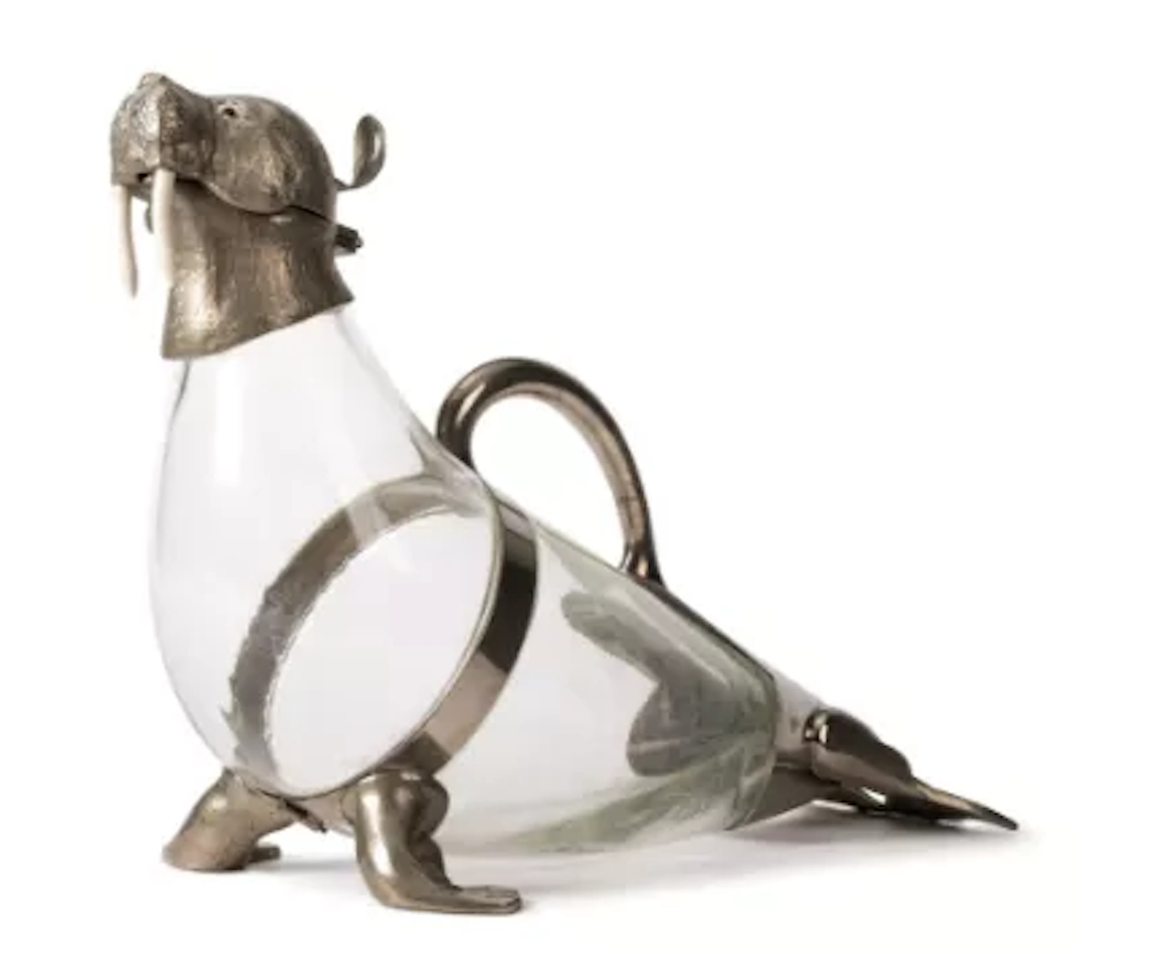 AN ELECTRO PLATED SILVER AND CLEAR GLASS WALRUS CLARET JUG, FRENCH, CIRCA 1950