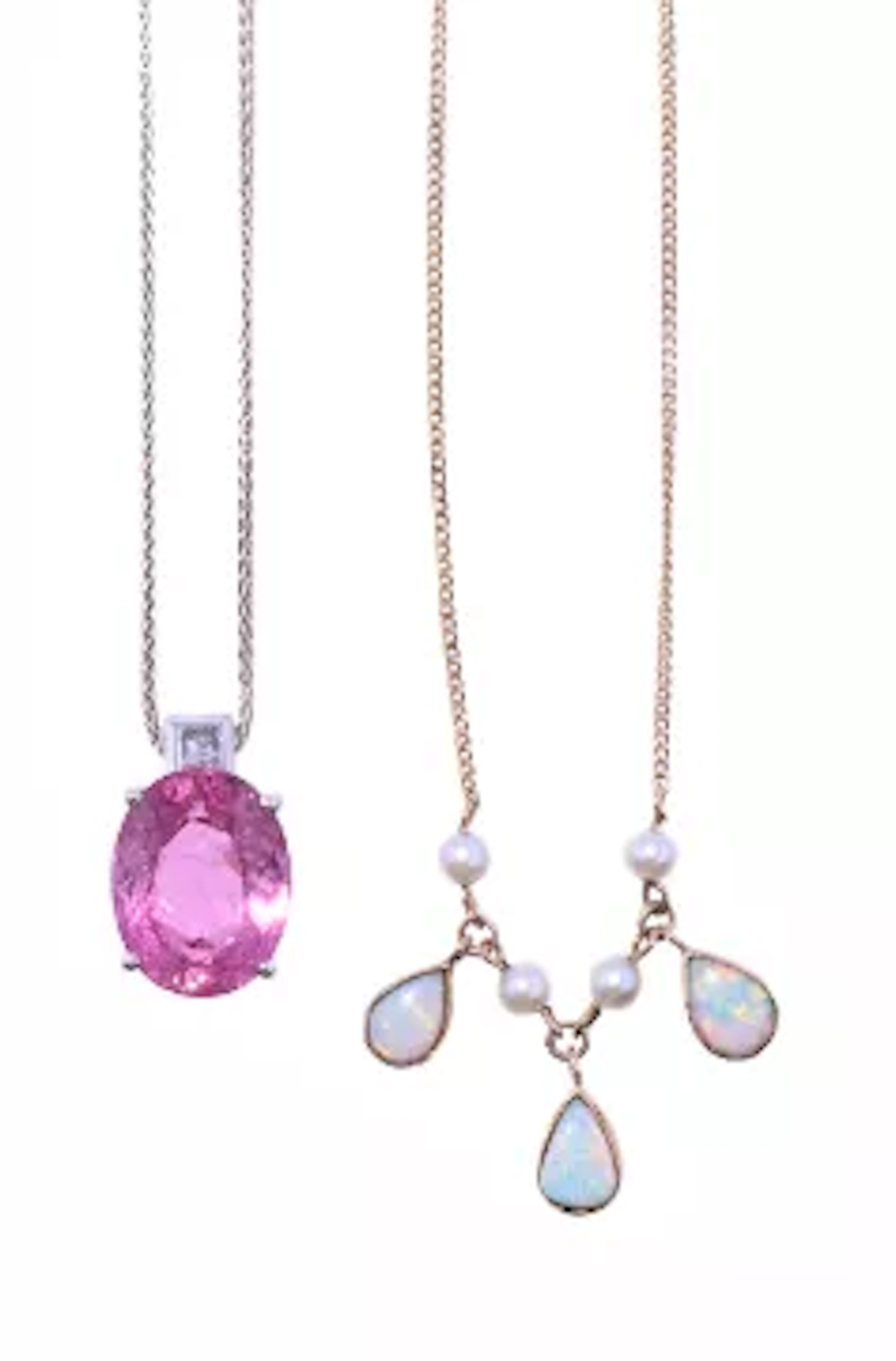 A PINK TOURMALINE AND DIAMOND PENDANT AND AN OPAL AND CULTURED PEARL NECKLACE