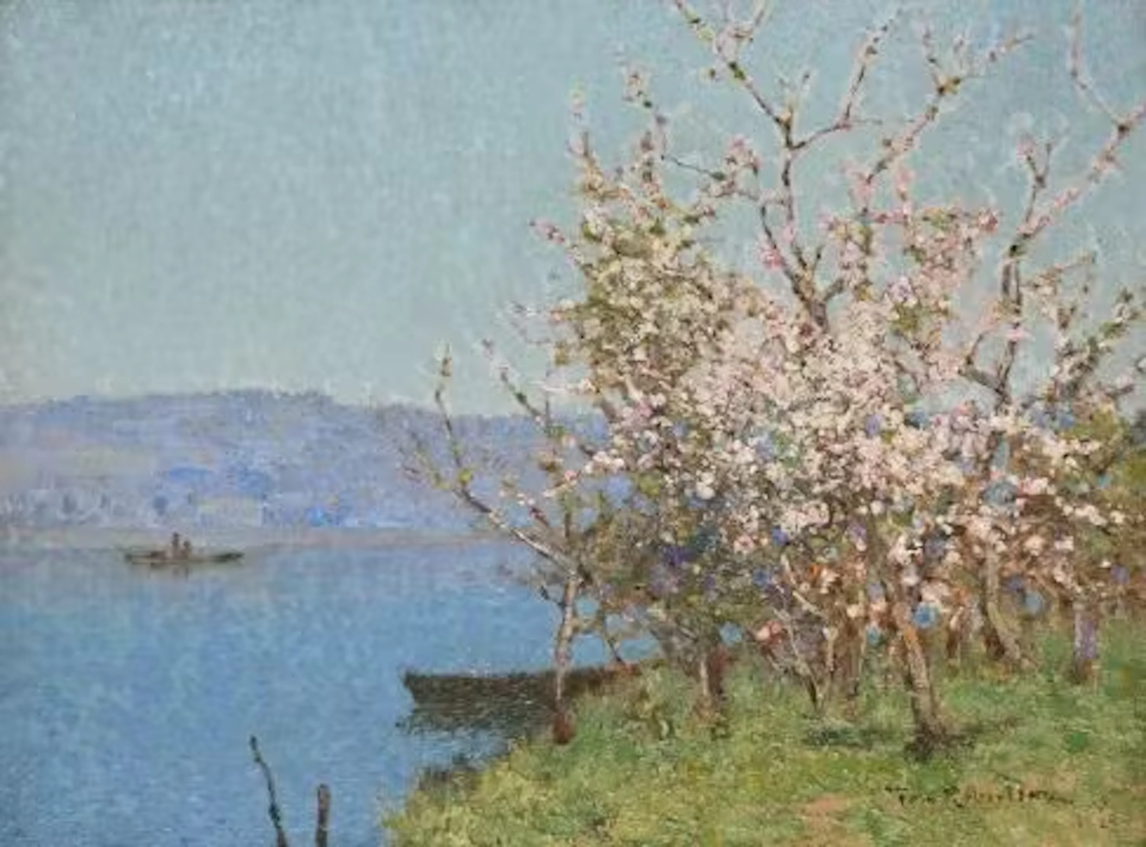 TOM ROBERTSON (SCOTTISH 1850-1947), LAKE SCENE WITH PUNT AND BLOSSOM