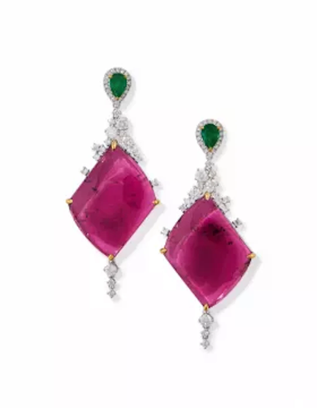A PAIR OF PINK TOURMALINE, EMERALD AND DIAMOND EARRINGS