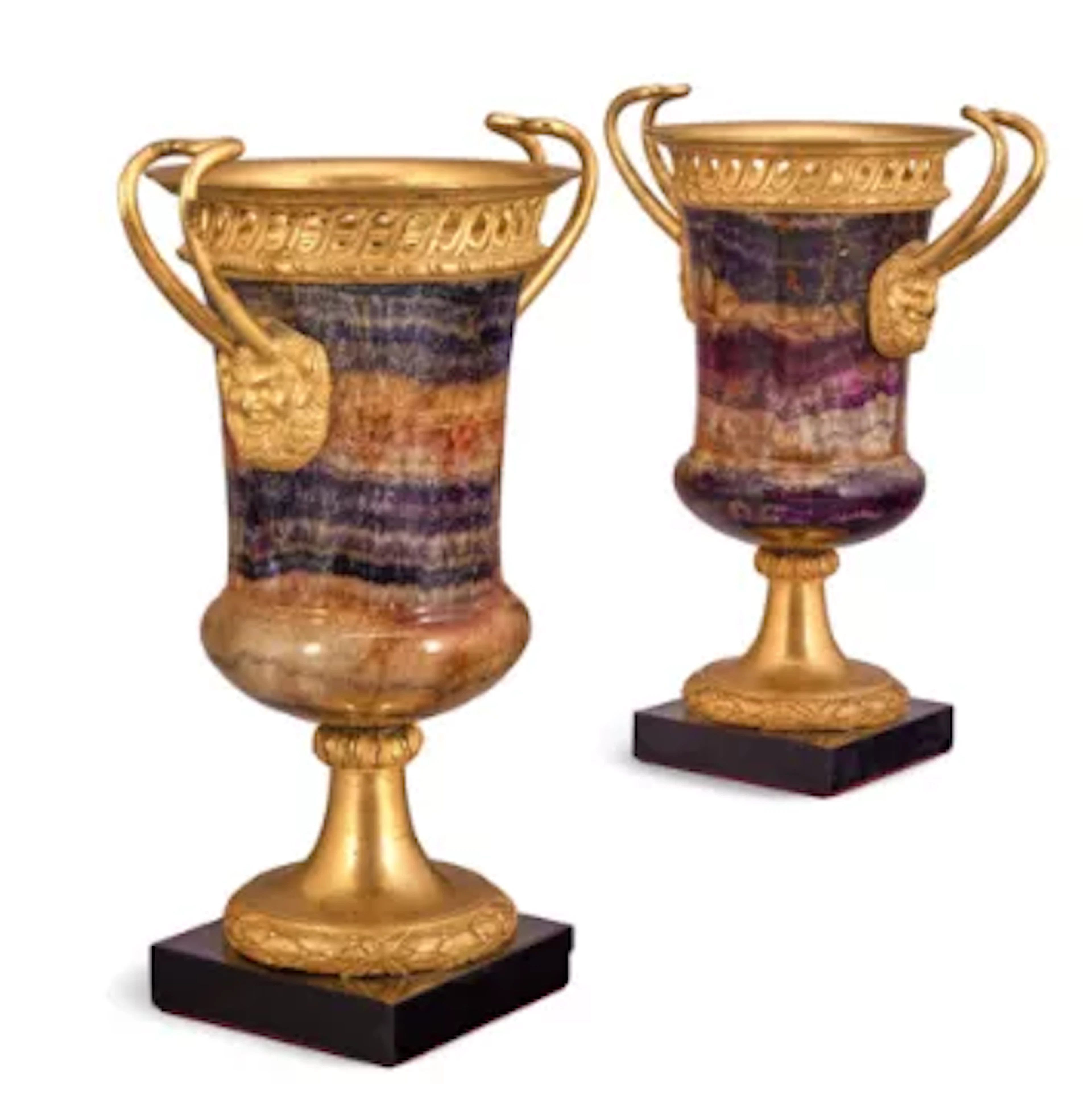 A PAIR OF GILT-BRONZE-MOUNTED BLUE JOHN URNS, CIRCA 1800/1820