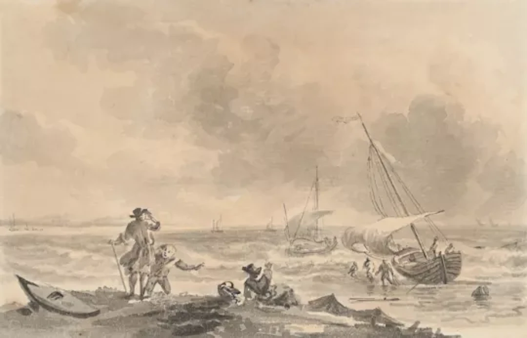 NICHOLAS POCOCK (BRITISH 1740-1821), FISHING BOATS COMING INTO A BEACH