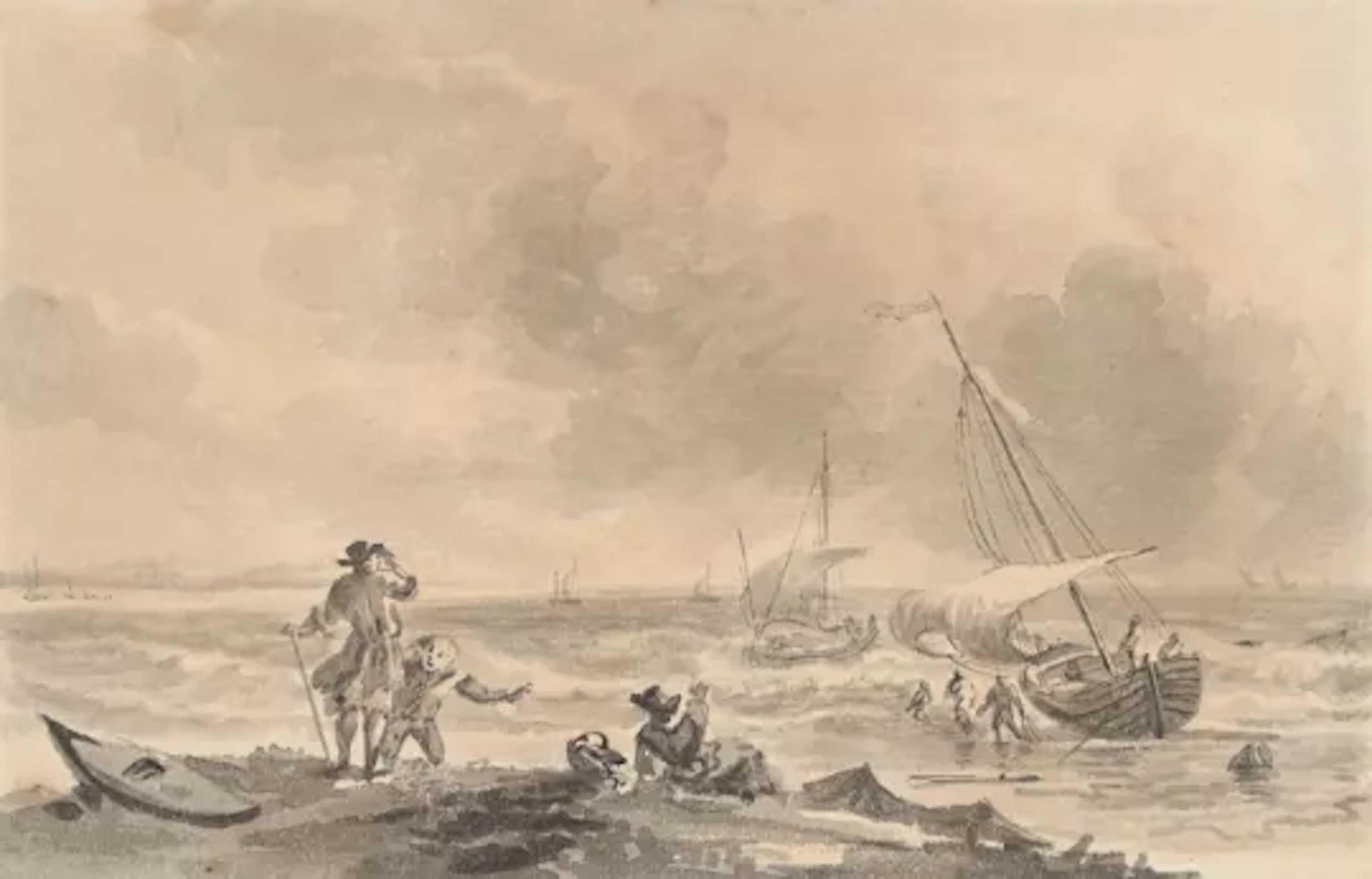 NICHOLAS POCOCK (BRITISH 1740-1821), FISHING BOATS COMING INTO A BEACH
