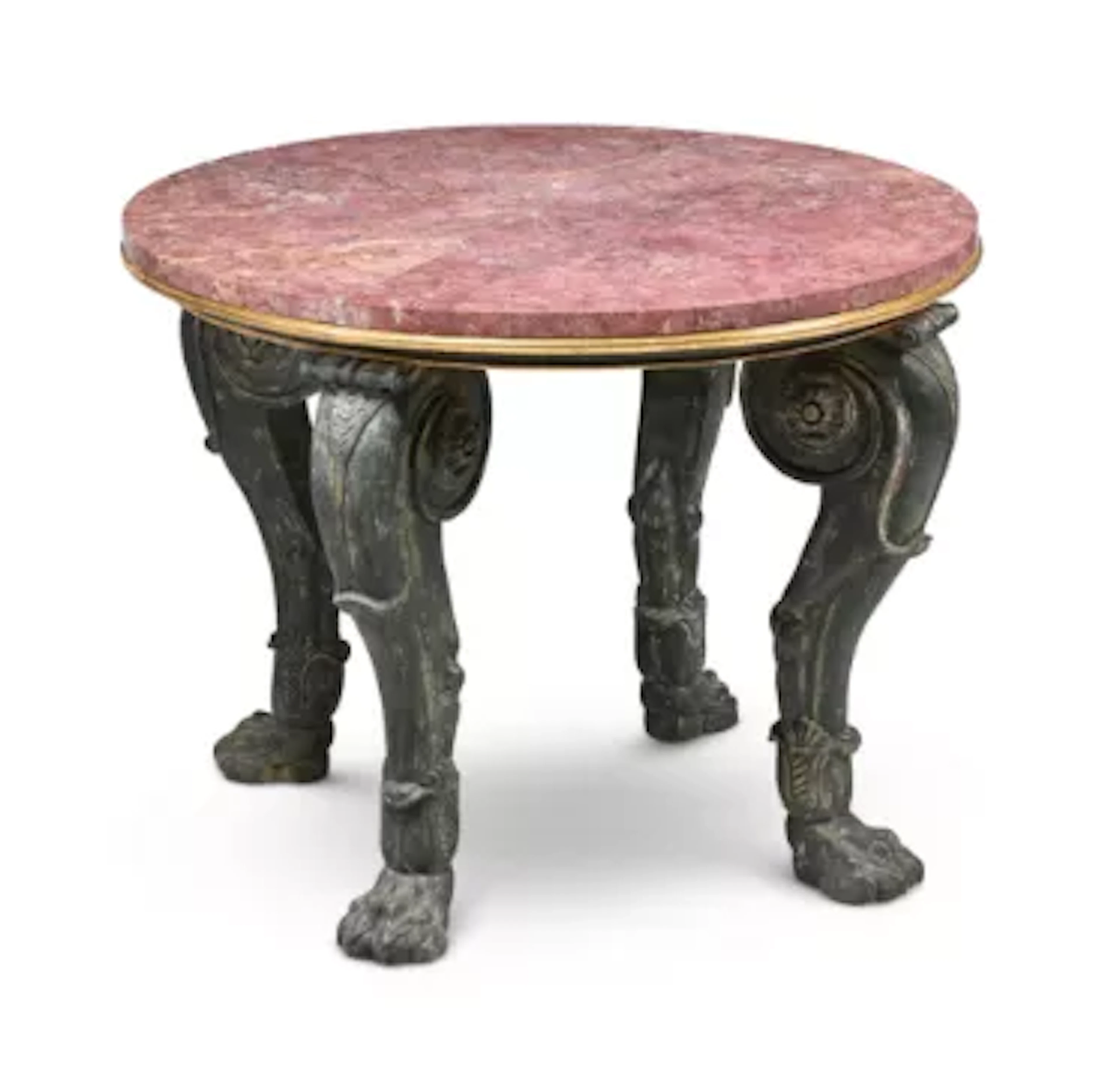 A CARVED, PAINTED AND PARCEL GILT CIRCULAR CENTRE TABLE, IN REGENCY