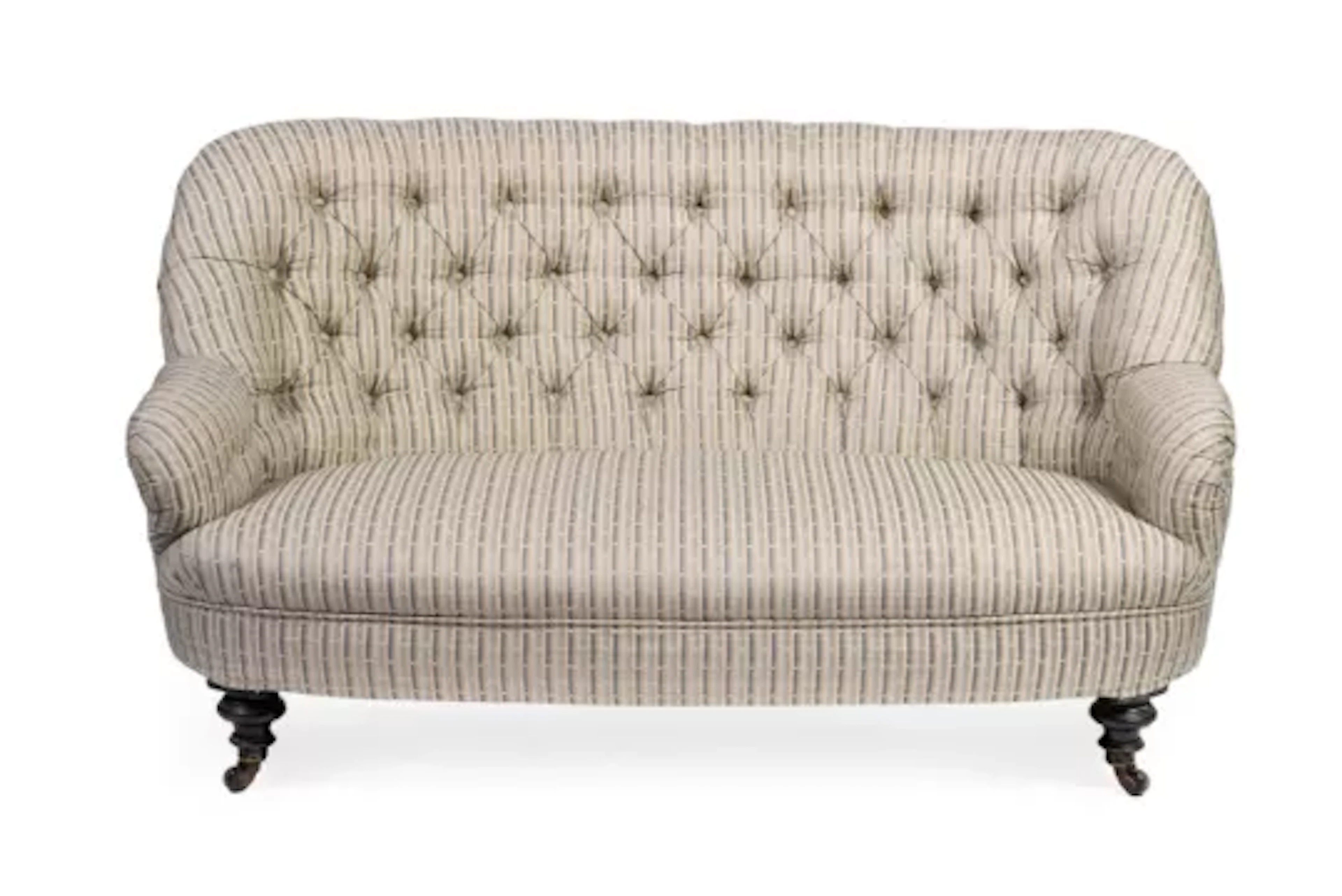 A LATE VICTORIAN STRIPED FABRIC BUTTON BACK SOFA, LATE 19TH CENTURY