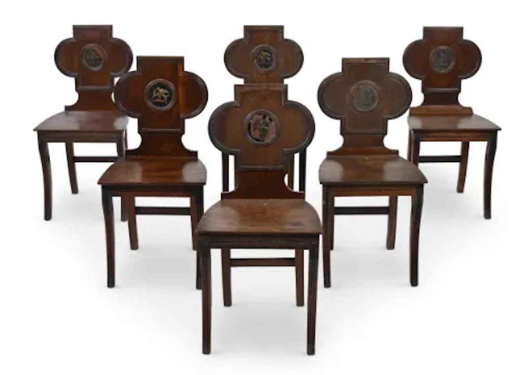 A SET OF SIX REGENCY MAHOGANY HALL CHAIRS, CIRCA 1820