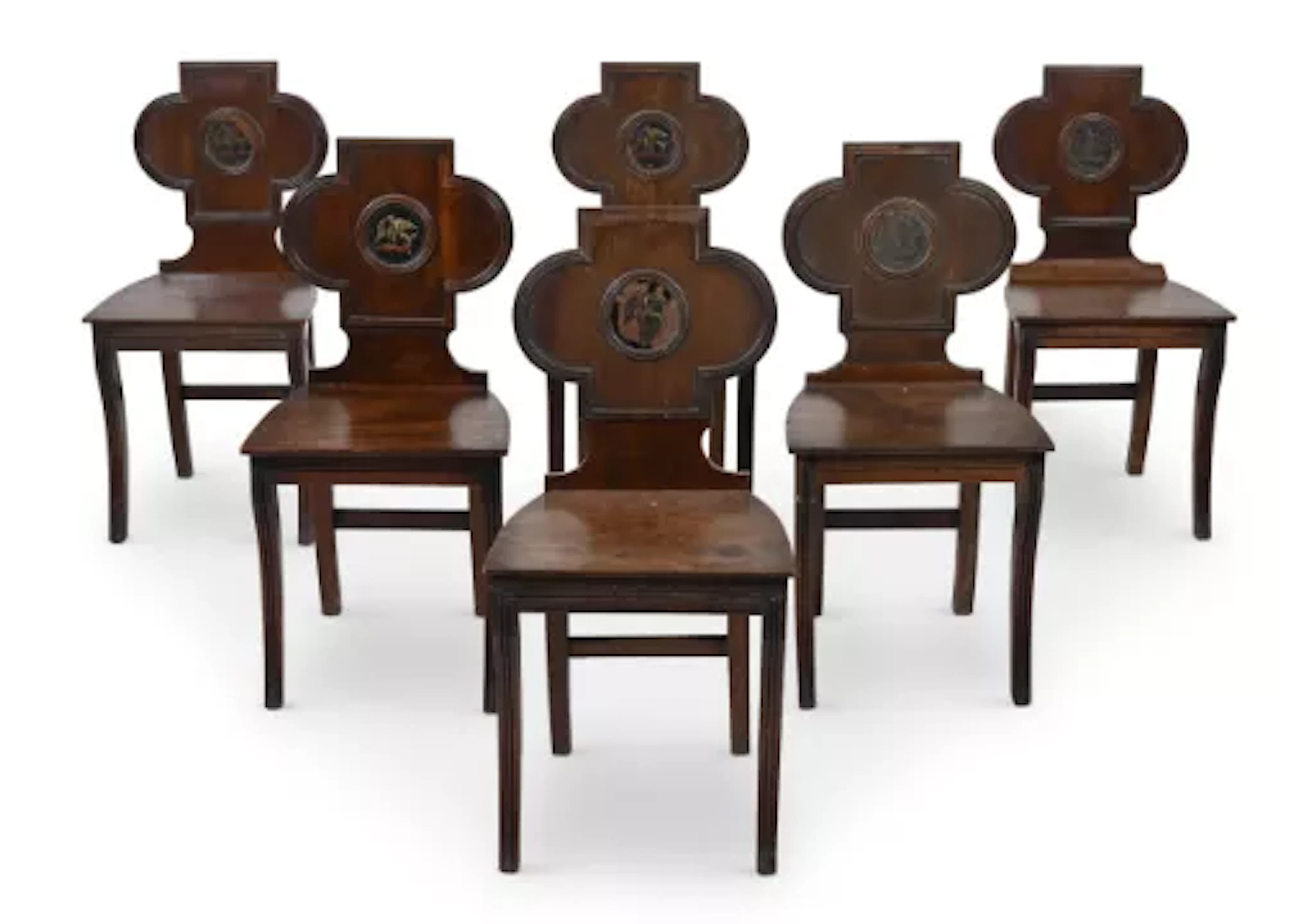 A SET OF SIX REGENCY MAHOGANY HALL CHAIRS, CIRCA 1820