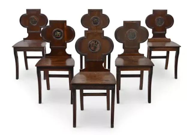 A SET OF SIX REGENCY MAHOGANY HALL CHAIRS, CIRCA 1820