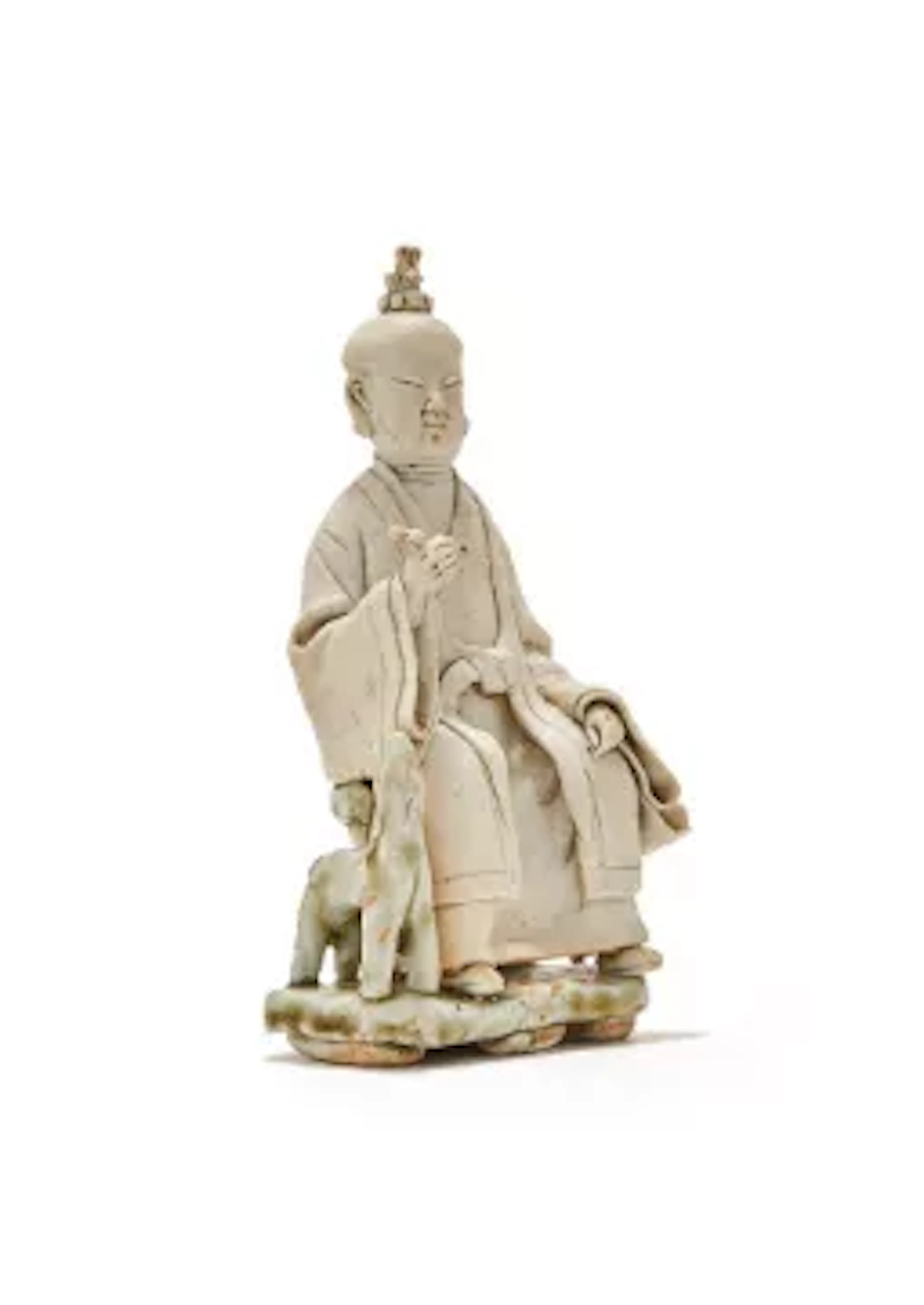 A rare Chinese qingbai partially glazed porcelain figure of a seated immortal
