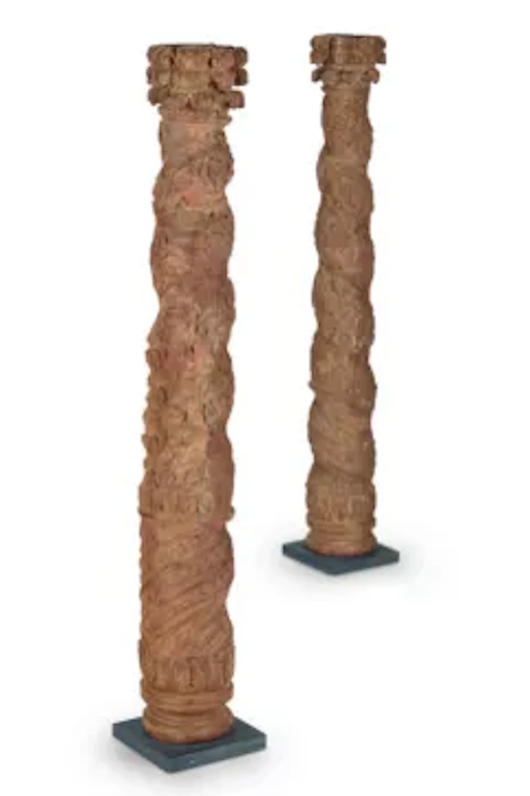 A PAIR OF RED PAINTED CARVED HARDWOOD ARCHITECTURAL COLUMNS, 17TH/18TH CENTURY