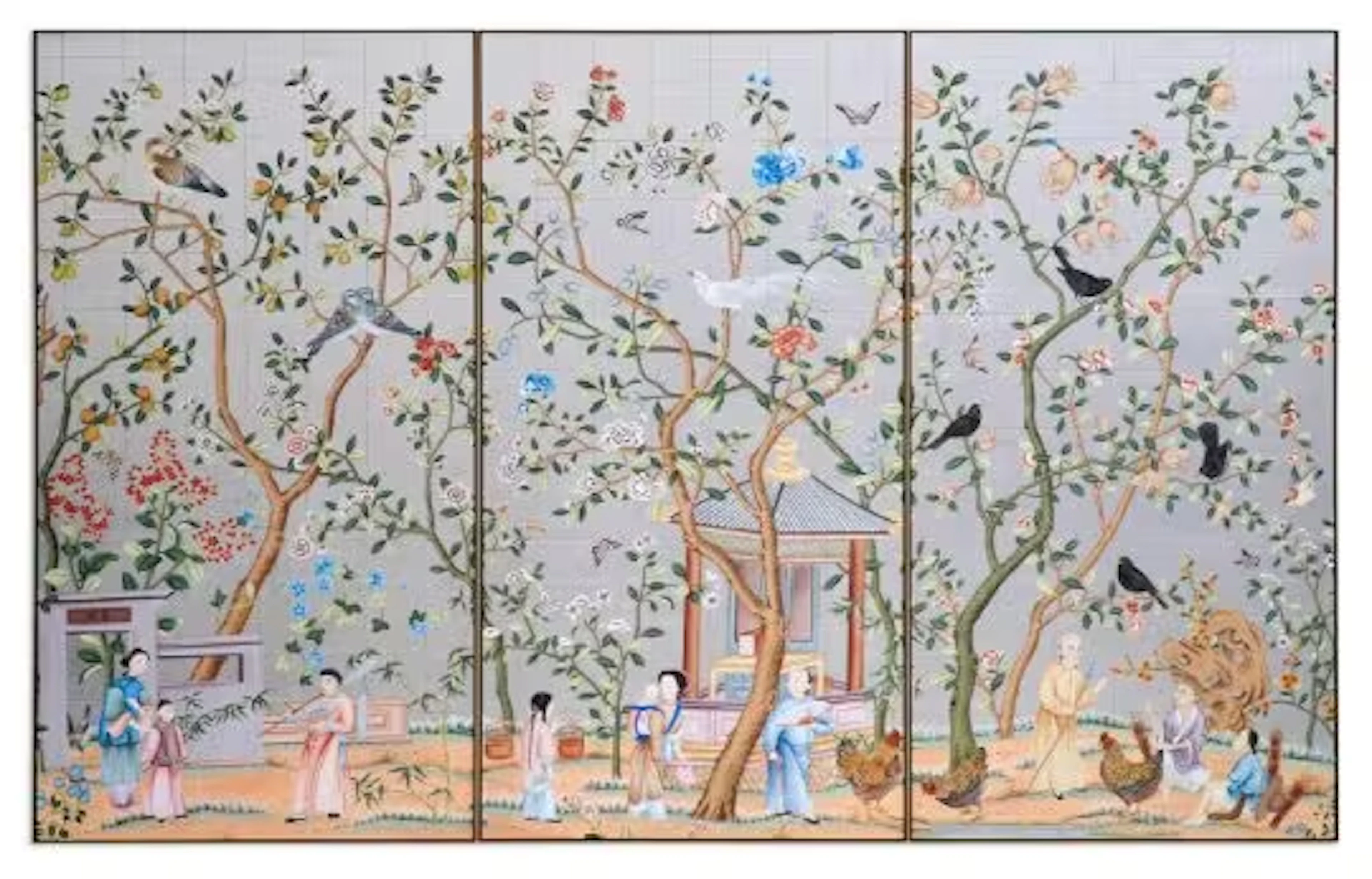 A SET OF THREE 'ABBOTSFORD' CHINOISERIE PATTERN PANELS HAND PAINTED