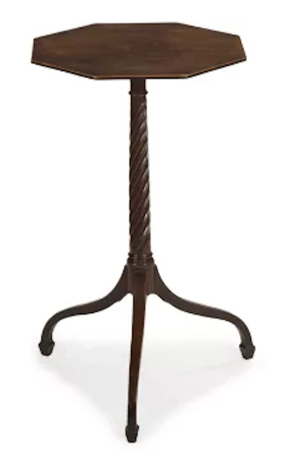 A GEORGE III MAHOGANY AND SATINWOOD STRUNG OCTAGONAL WINE TABLE, CIRCA 1780