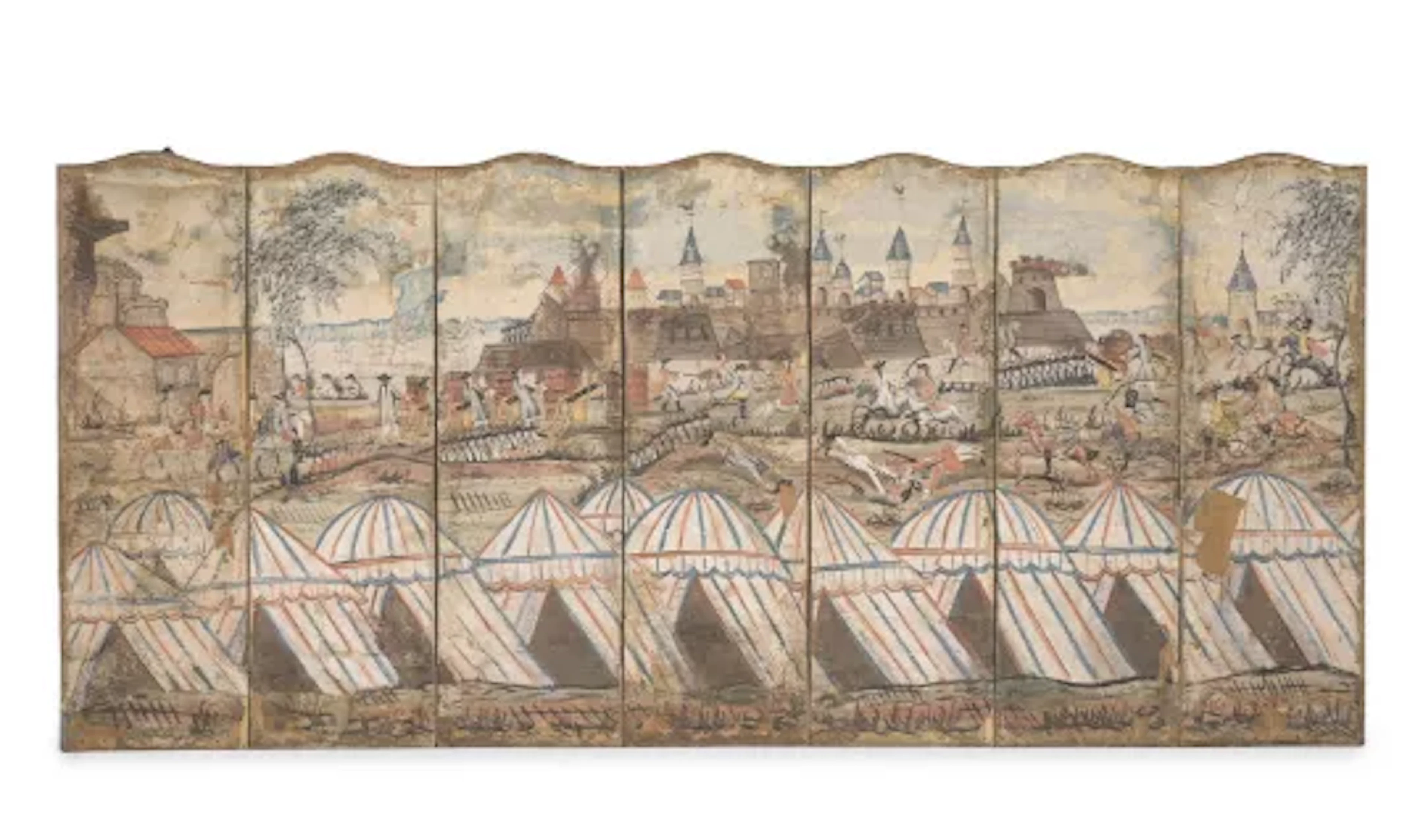 A CONTINENTAL POLYCHROME PAINTED SEVEN FOLD ROOM SCREEN OF A BATTLEGROUND